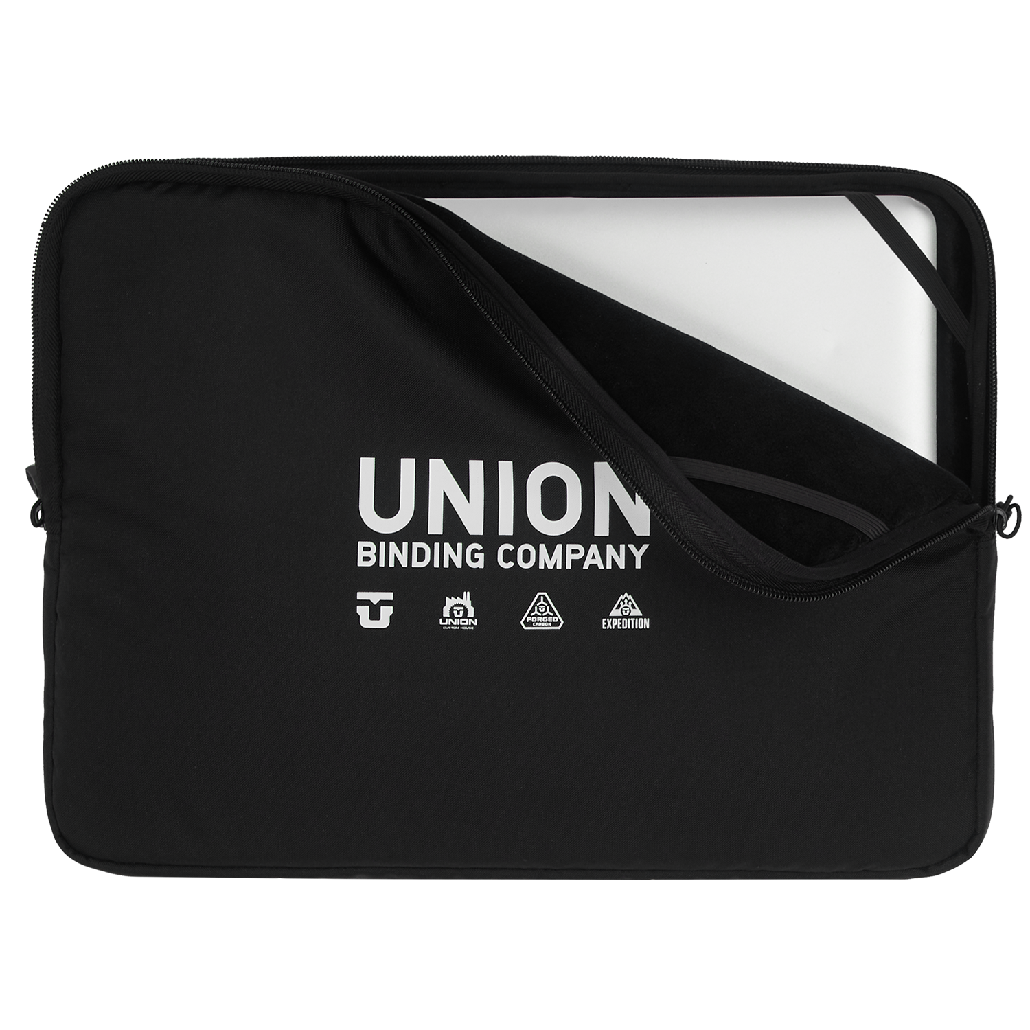 Black laptop sleeve with "Union Binding Company" logo.