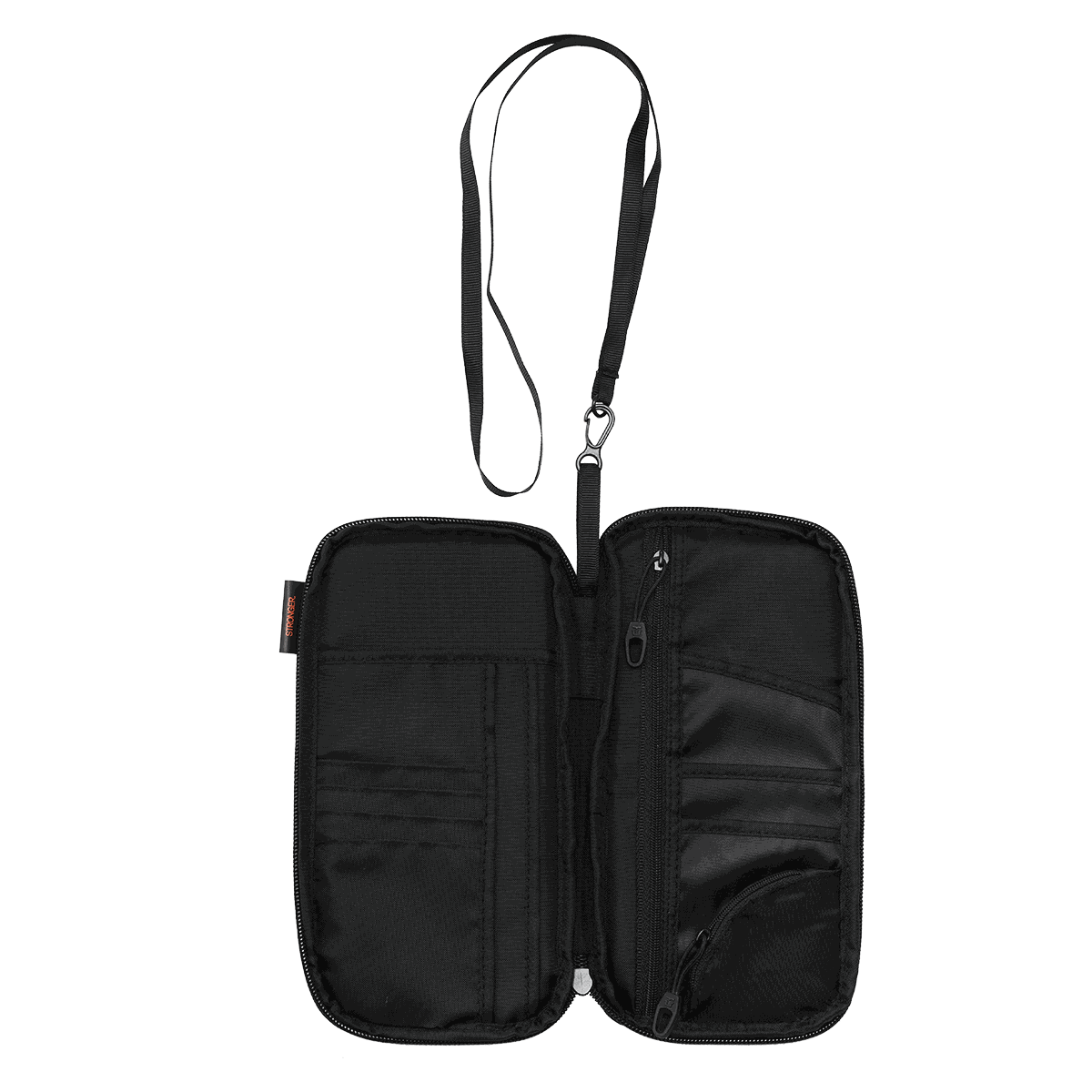 Black passport holder with multiple compartments and a detachable strap.