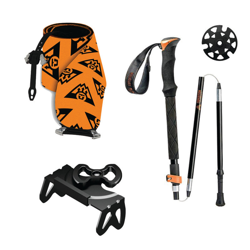 Splitboard kit with accessories including poles, bindings, and skins.