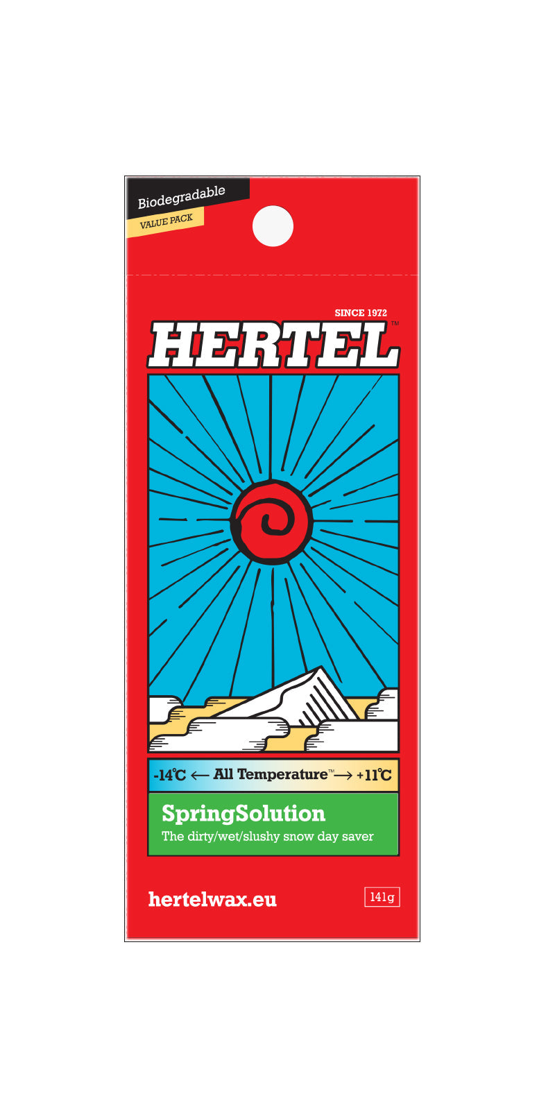Lumilauta- ja laskettelusuksivaha Spring Solution® 141g, all-temperature, biodegradable wax packaging.