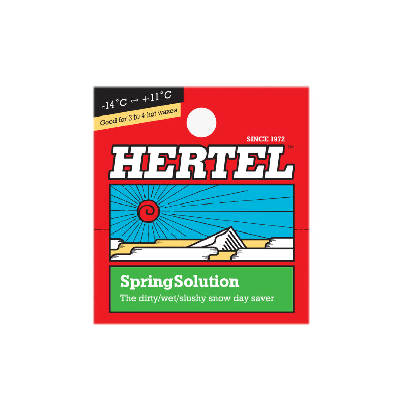 Hertel Spring Solution® 28,3g ski and snowboard wax packaging, suitable for -14°C to +11°C, biodegradable.