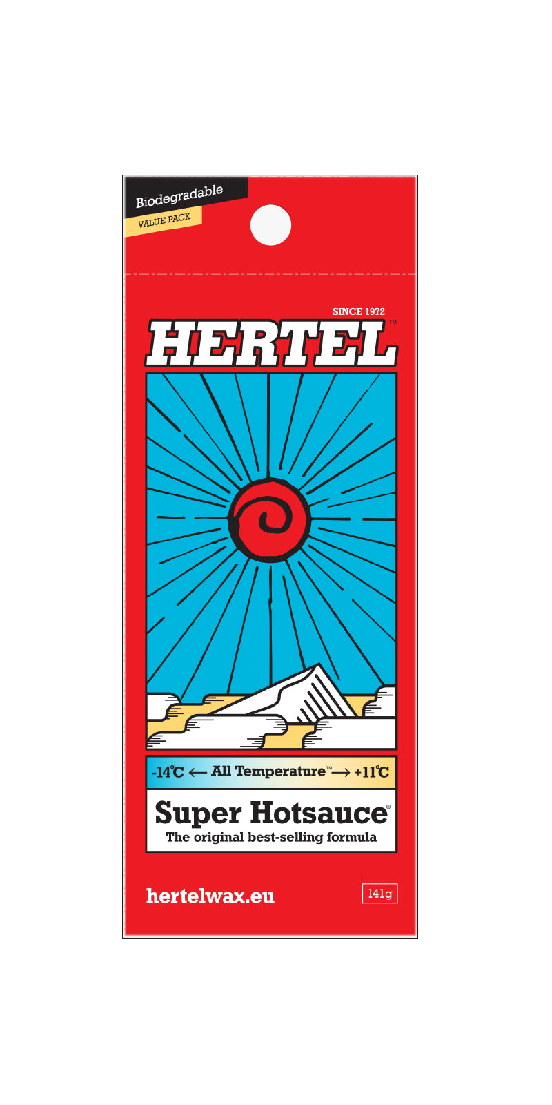 Super Hot Sauce® 141g all temperature wax packaging, showing temperature range from -14C to +11C.