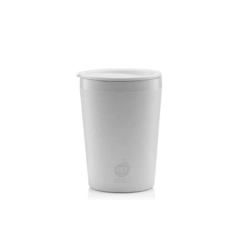 White ceramic tumbler with lid, 10 oz insulated stainless steel design.