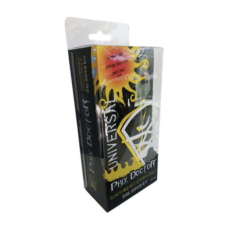 PHIXDOCTOR Sun Powered Universal Epoxy Ding Repair Kit packaging showing eco-friendly, quick-curing resin components.