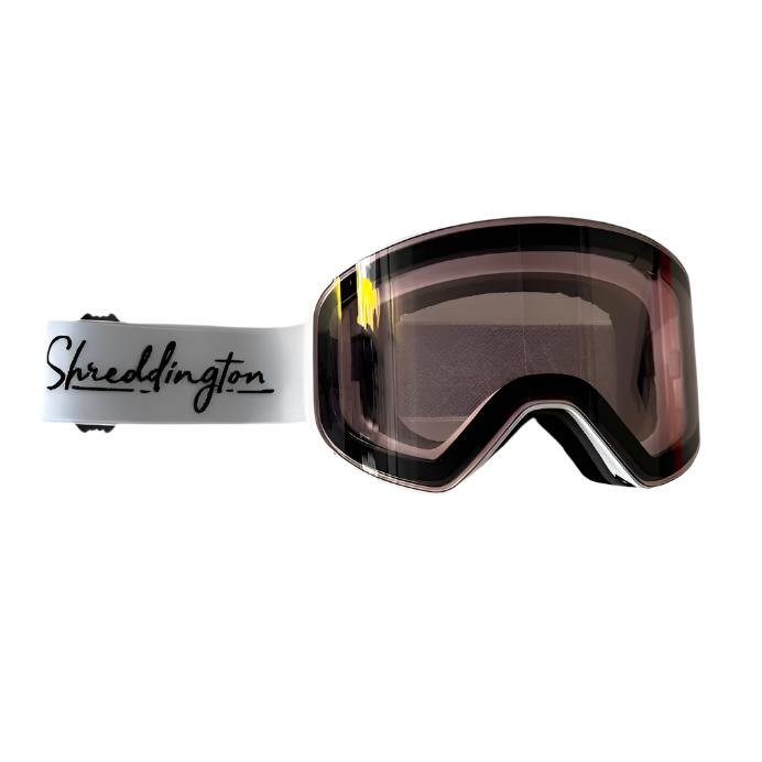 MAGNET WHT unisex snow goggles with rose lens, Shreddington strap, and anti-distortion cylindrical lens.