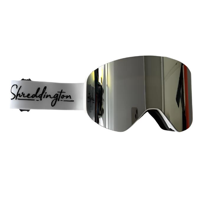 MAGNET WHT snow goggles with mirrored lens and Shreddington strap.