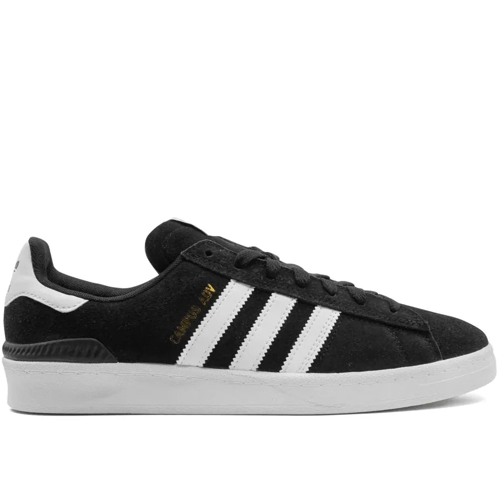 Black Campus Adv shoes with suede upper and white stripes, inspired by 1980s hip hop.