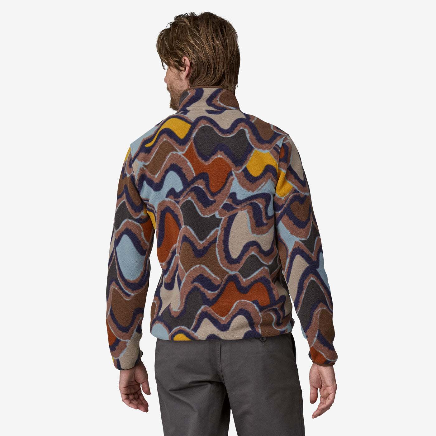 Patagonia Men's Lightweight Synchilla® Snap-T® Fleece Pullover in patterned design, showing back view with stand-up collar.