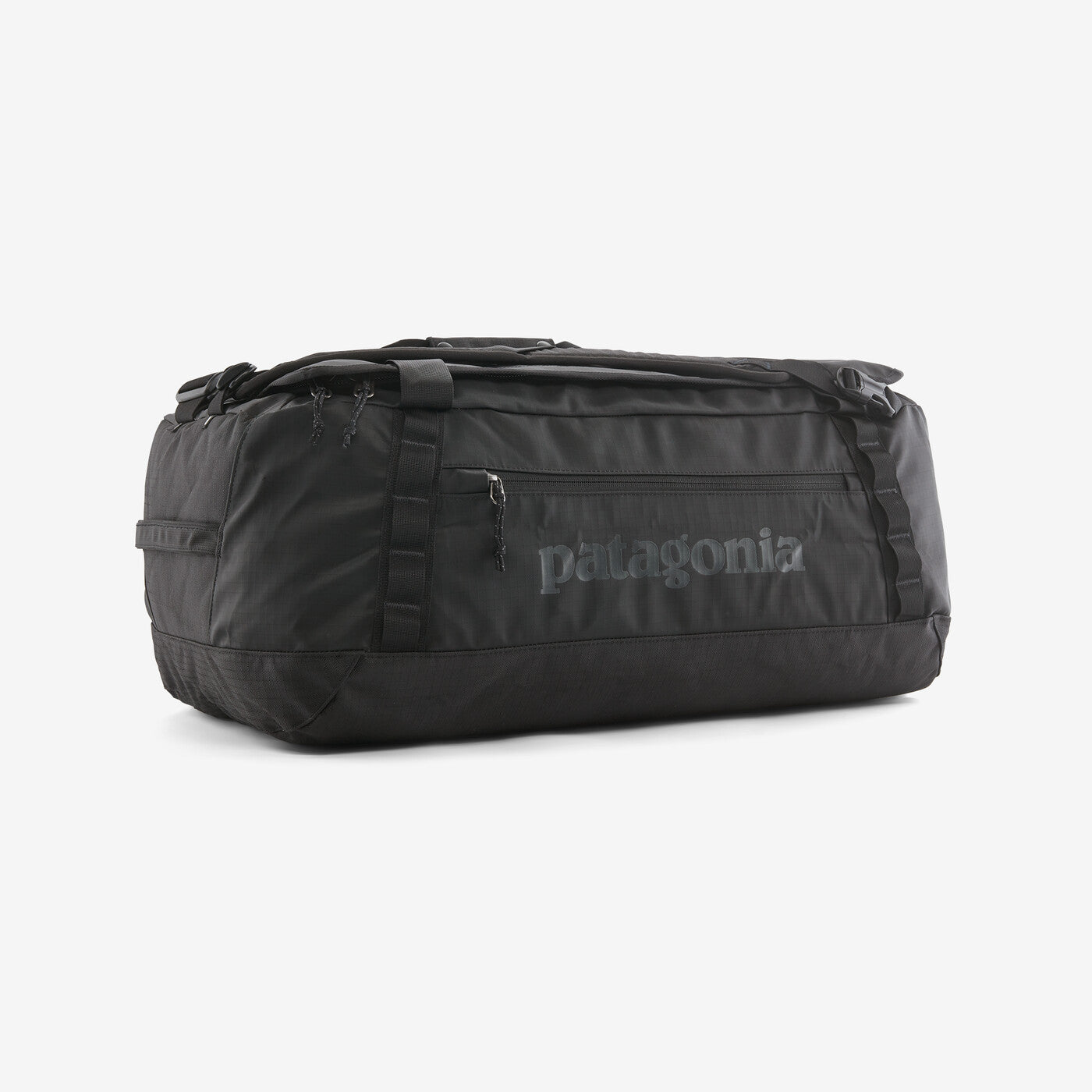 Patagonia Black Hole Duffel 55L in black, durable and weather-resistant, with ergonomic straps and multiple storage options.