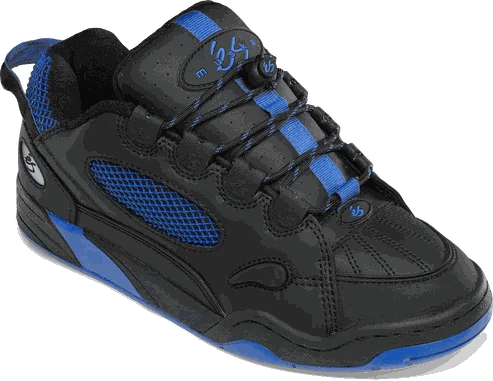 és Muska skate shoe with black and blue details, featuring PU cage, hidden stash pocket, and rubber toe cap.