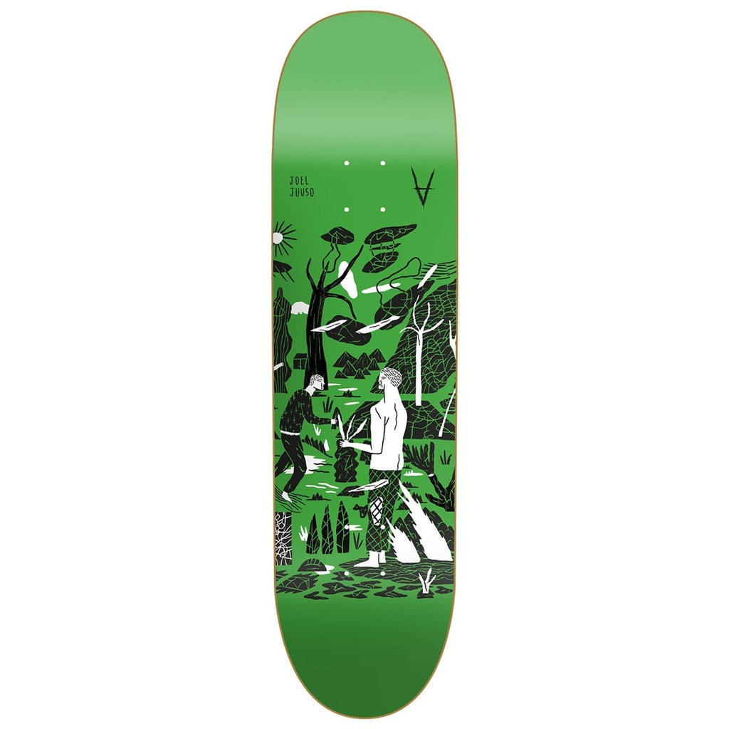 Antiz Myths Joel Juuso Shape 8.25" skateboard deck with green and black artwork by Miroslav Weissmuller.