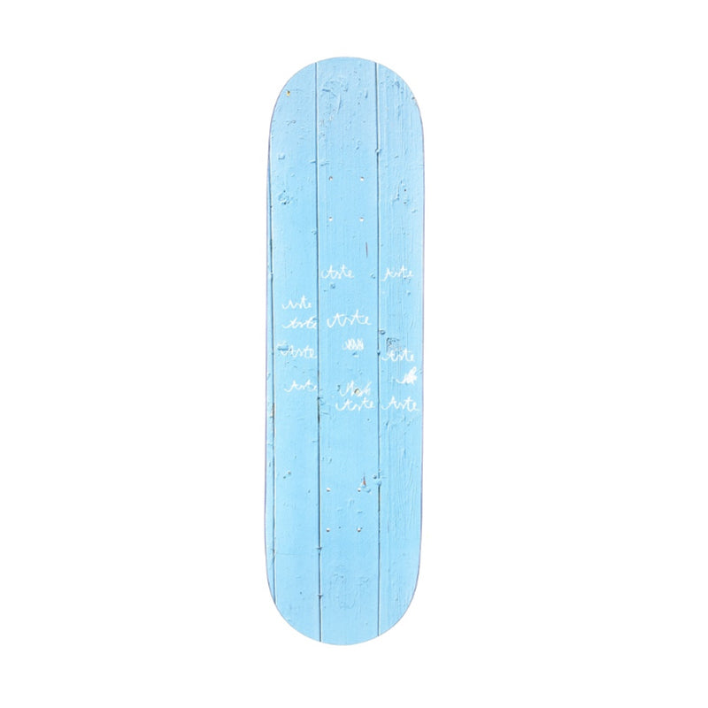 Skateboard deck WRITINGS 8.0" by Aste, blue wood texture, artwork by Fredrik Karell. Made in Canada.