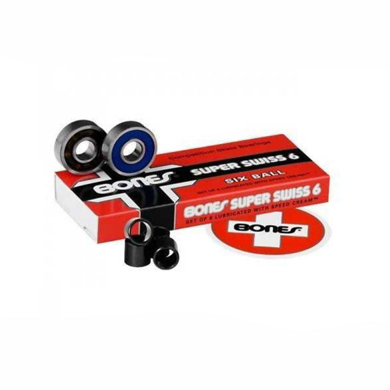 Bones Super Swiss 6 Bearings with spacers and red packaging, built with Swiss precision.