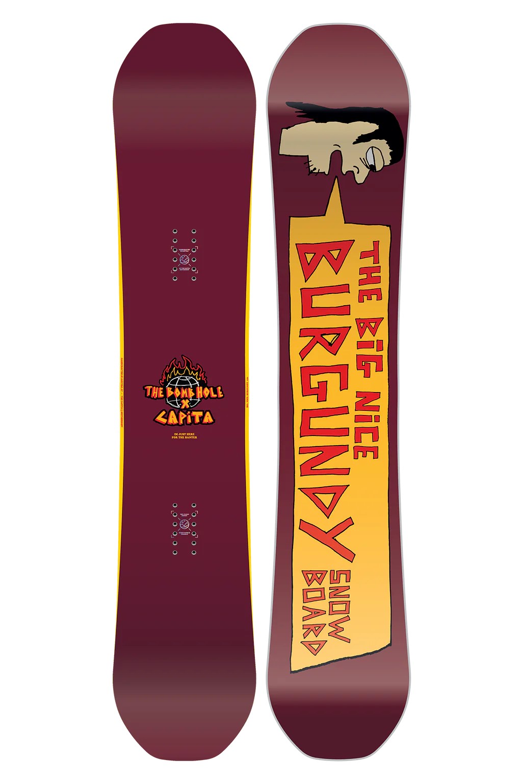 Burgundy snowboard with advanced features for park and resort use.