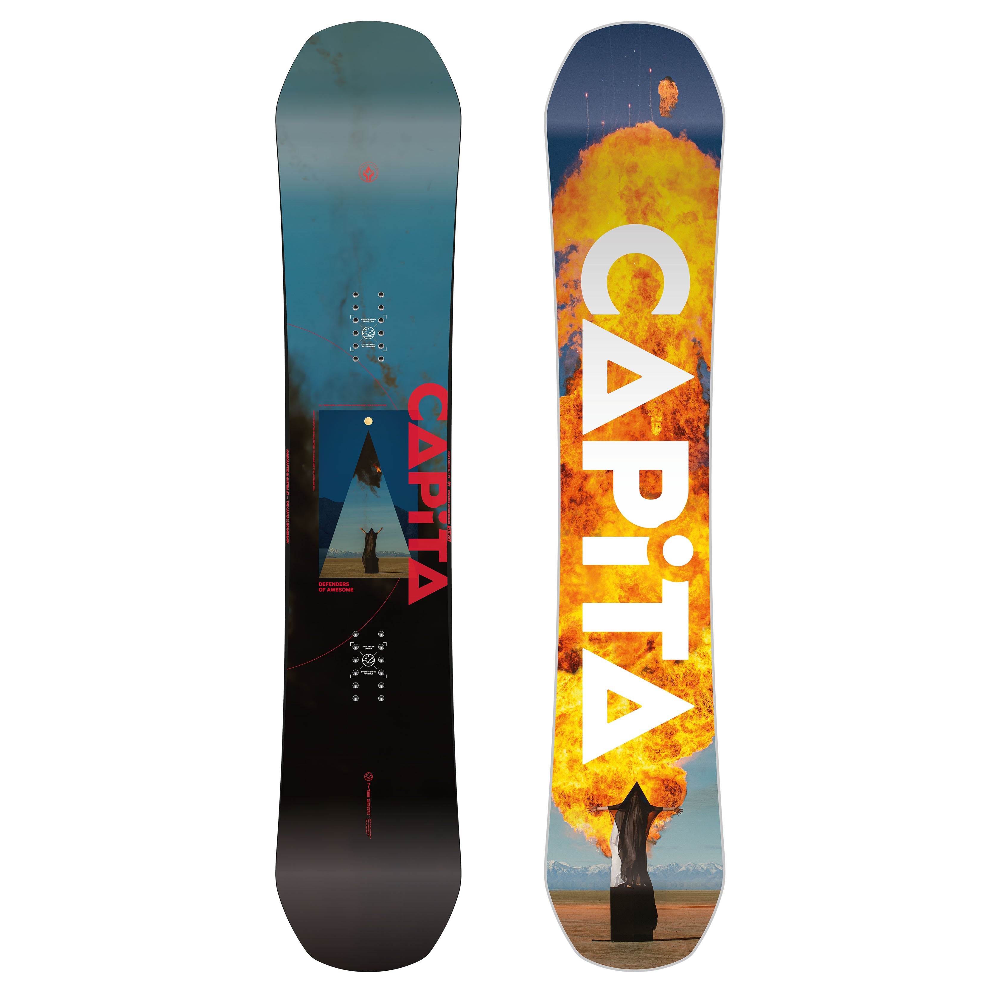 Snowboard with dynamic design featuring black and fiery graphics, CAPiTA branding, and hybrid camber technology.