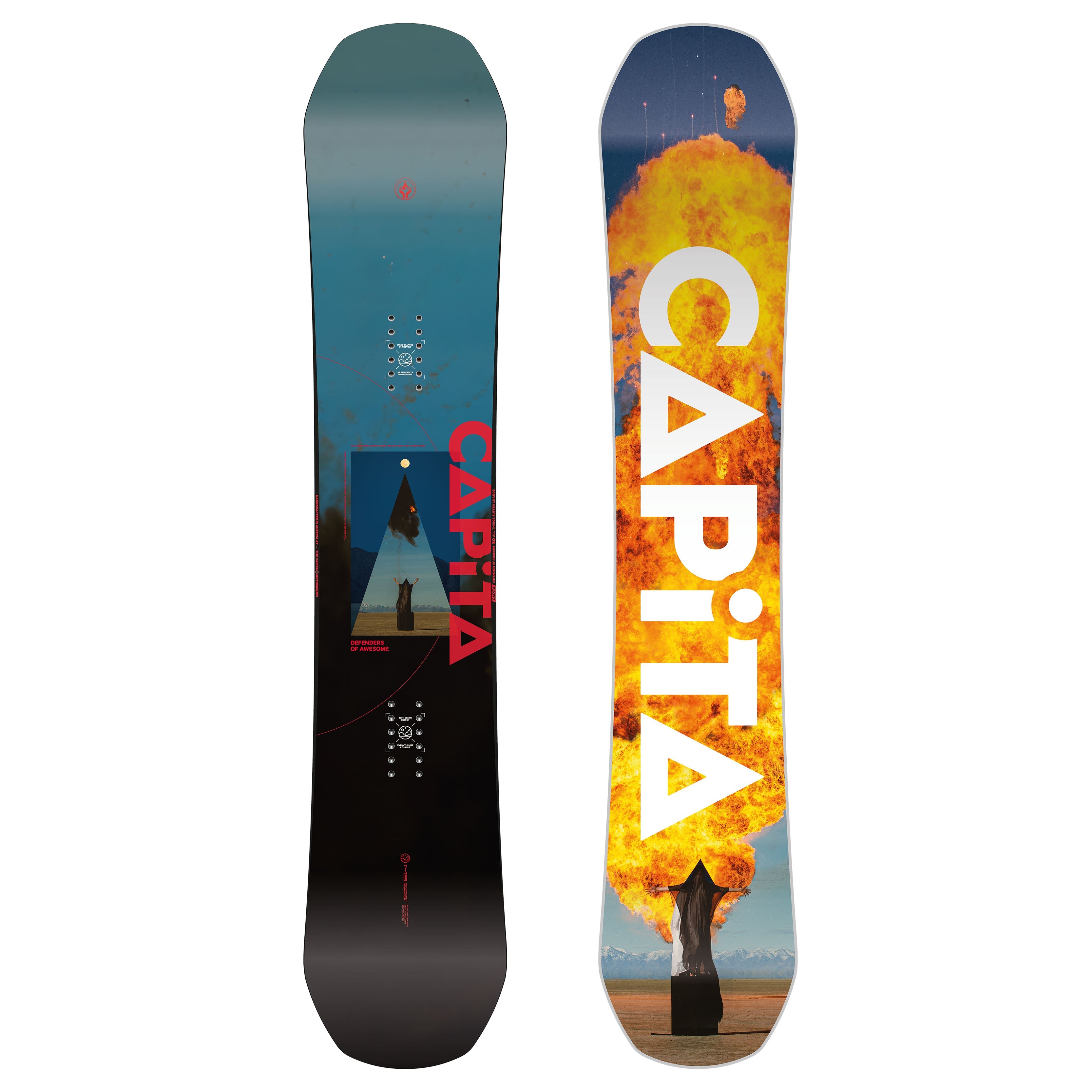 DEFENDERS OF AWESOME snowboard with hybrid camber, featuring vibrant graphics and CAPiTA branding.