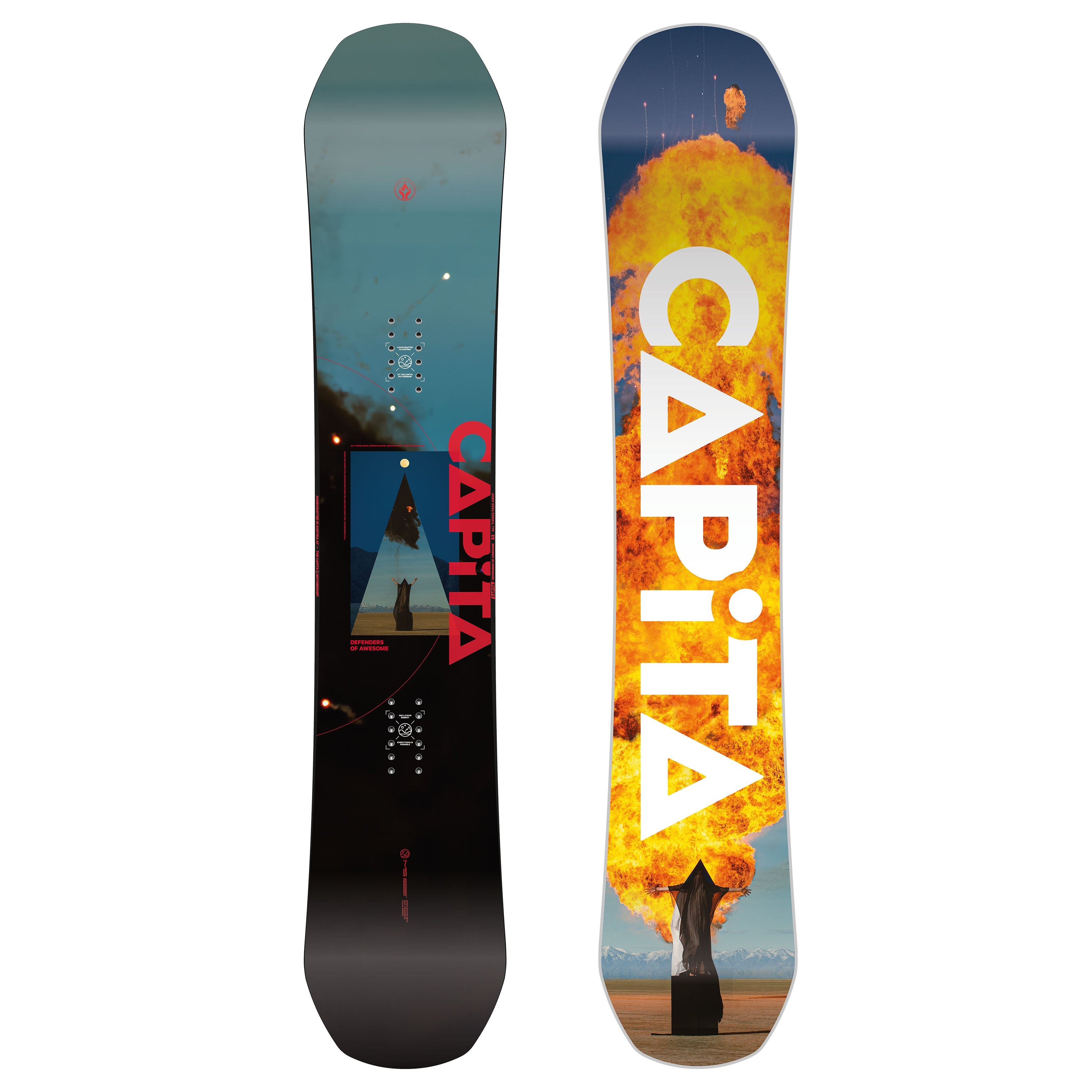 Defenders of Awesome snowboard with hybrid camber and vibrant graphics.