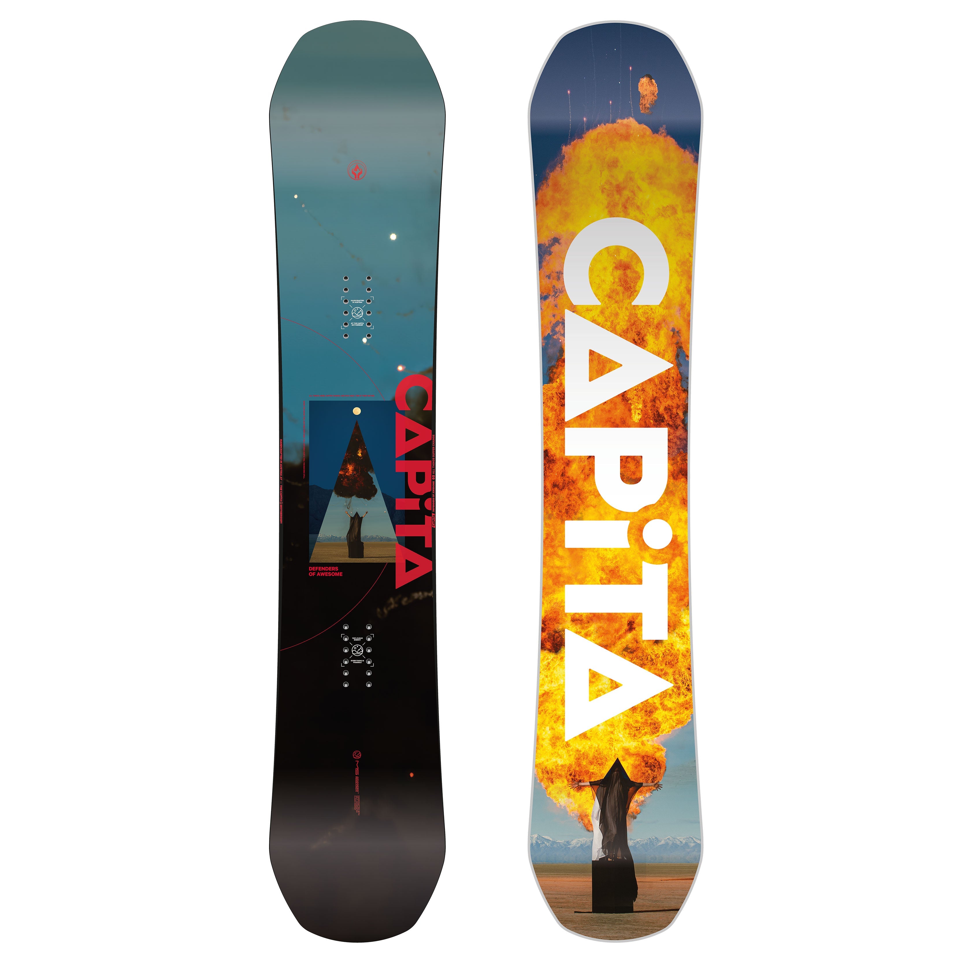 DEFENDERS of AWESOME D.O.A. snowboard featuring hybrid camber design and vibrant artwork.