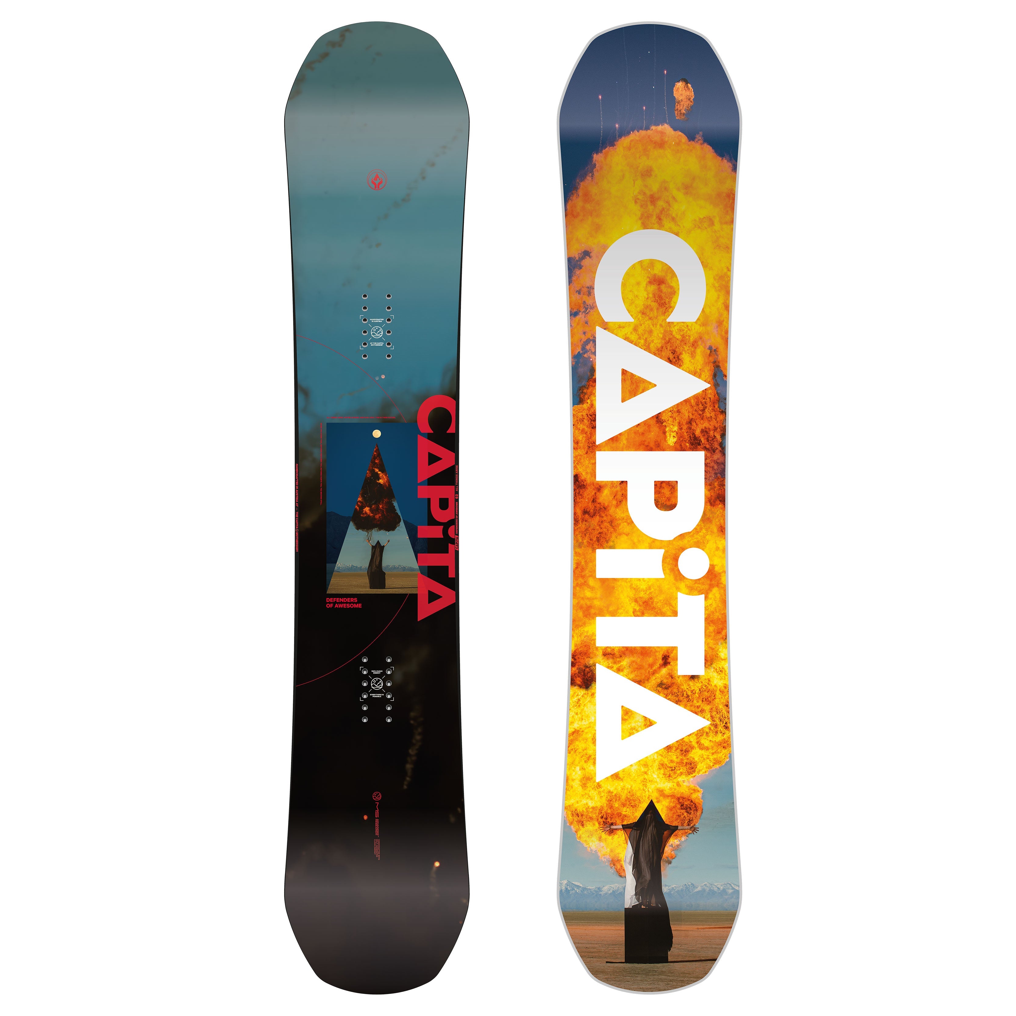 Snowboard DEFENDERS OF AWESOME D.O.A. 24/25 with striking flame graphic, resort true twin shape, hybrid camber technology.