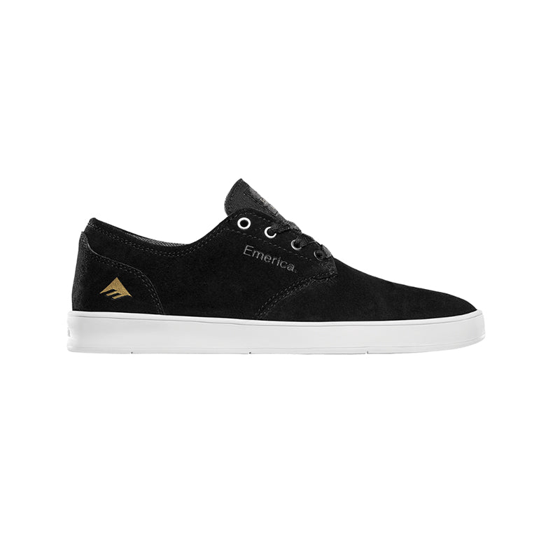 ROMERO LACED Skeittikengät, black suede skate shoes with low profile cupsole and Emerica Triangle Tread for durability.