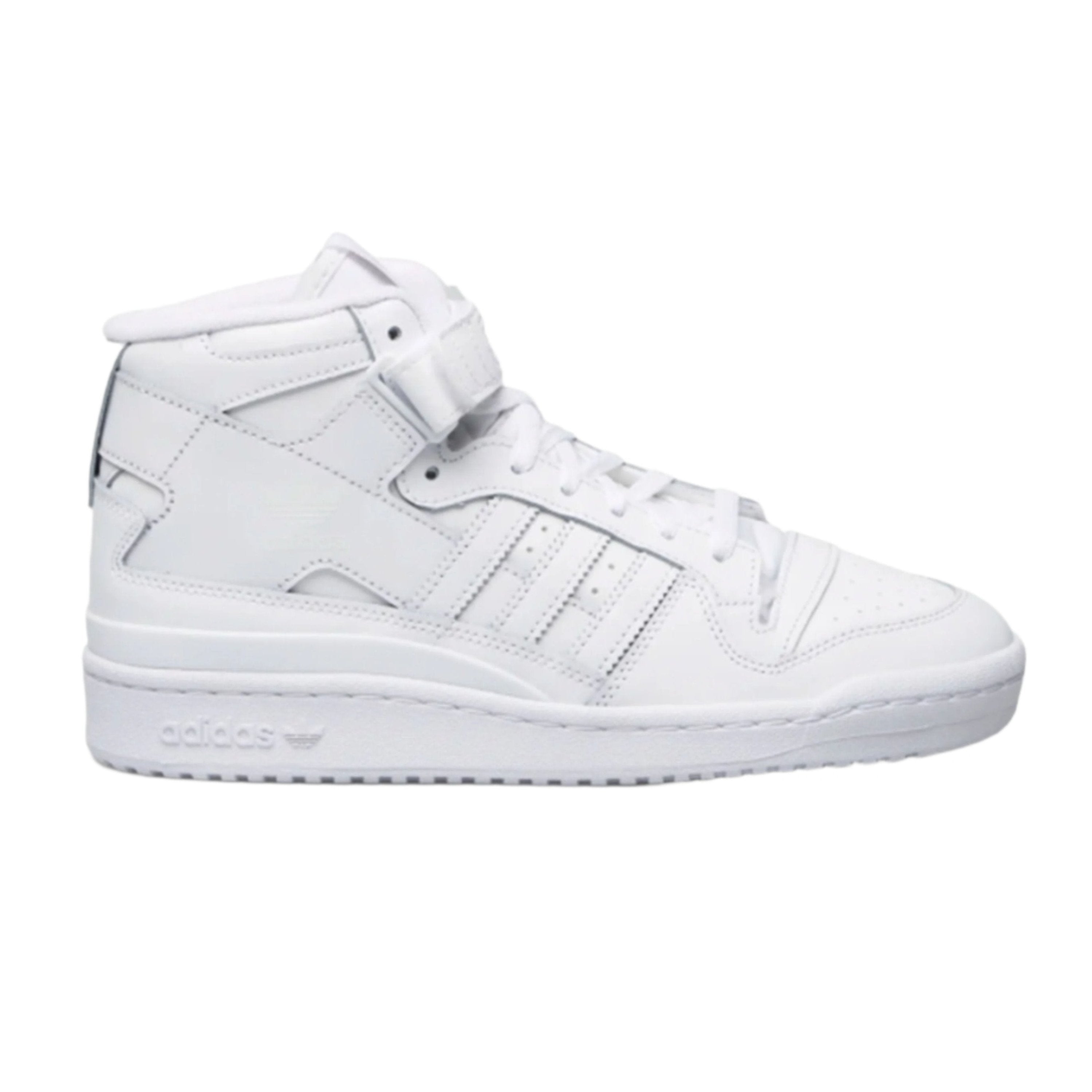 Adidas Forum Mid shoe in sleek white leather with modern silhouette, ideal for casual or evening wear.