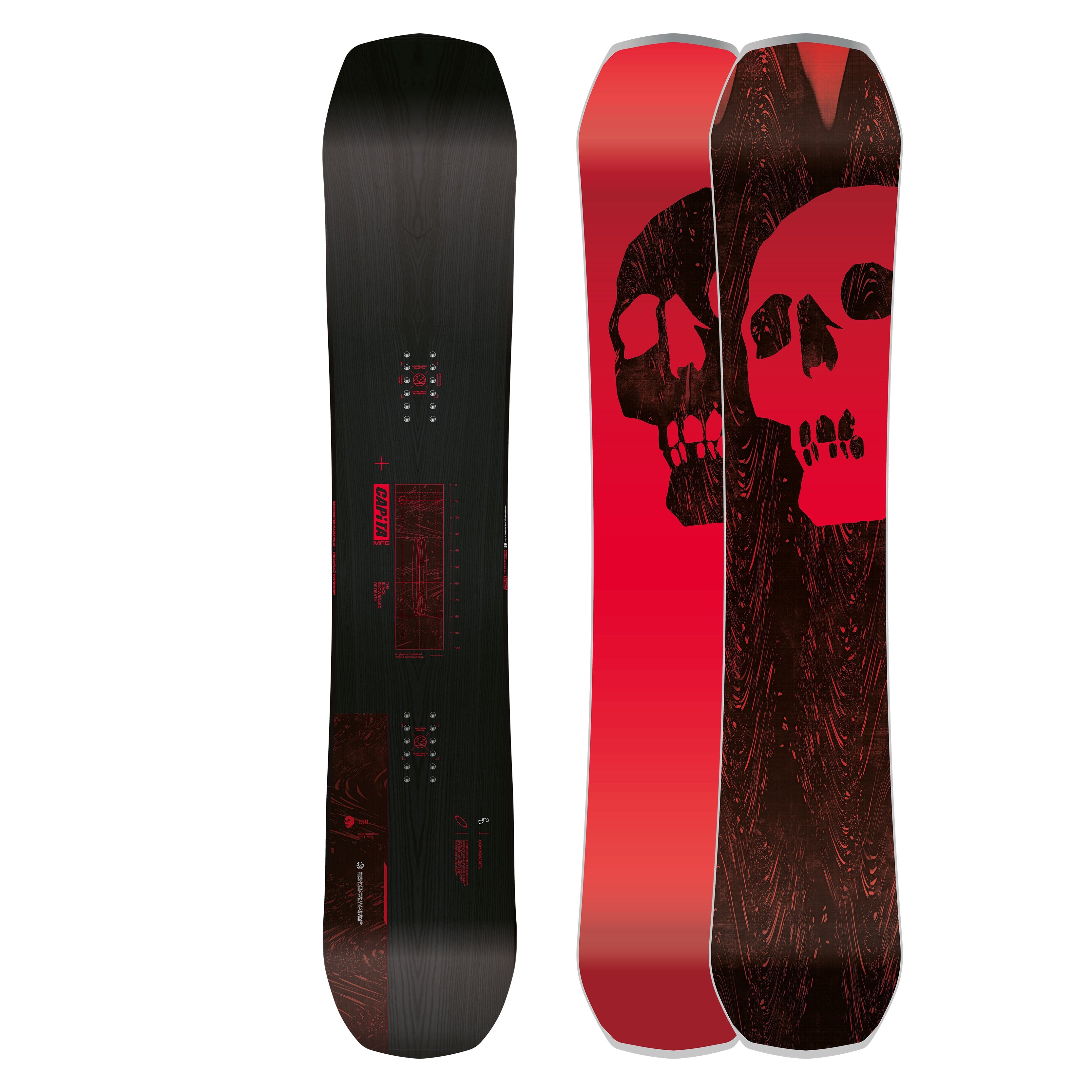 Black Snowboard of Death 24/25, all-mountain freeride board with hybrid camber and directional design.