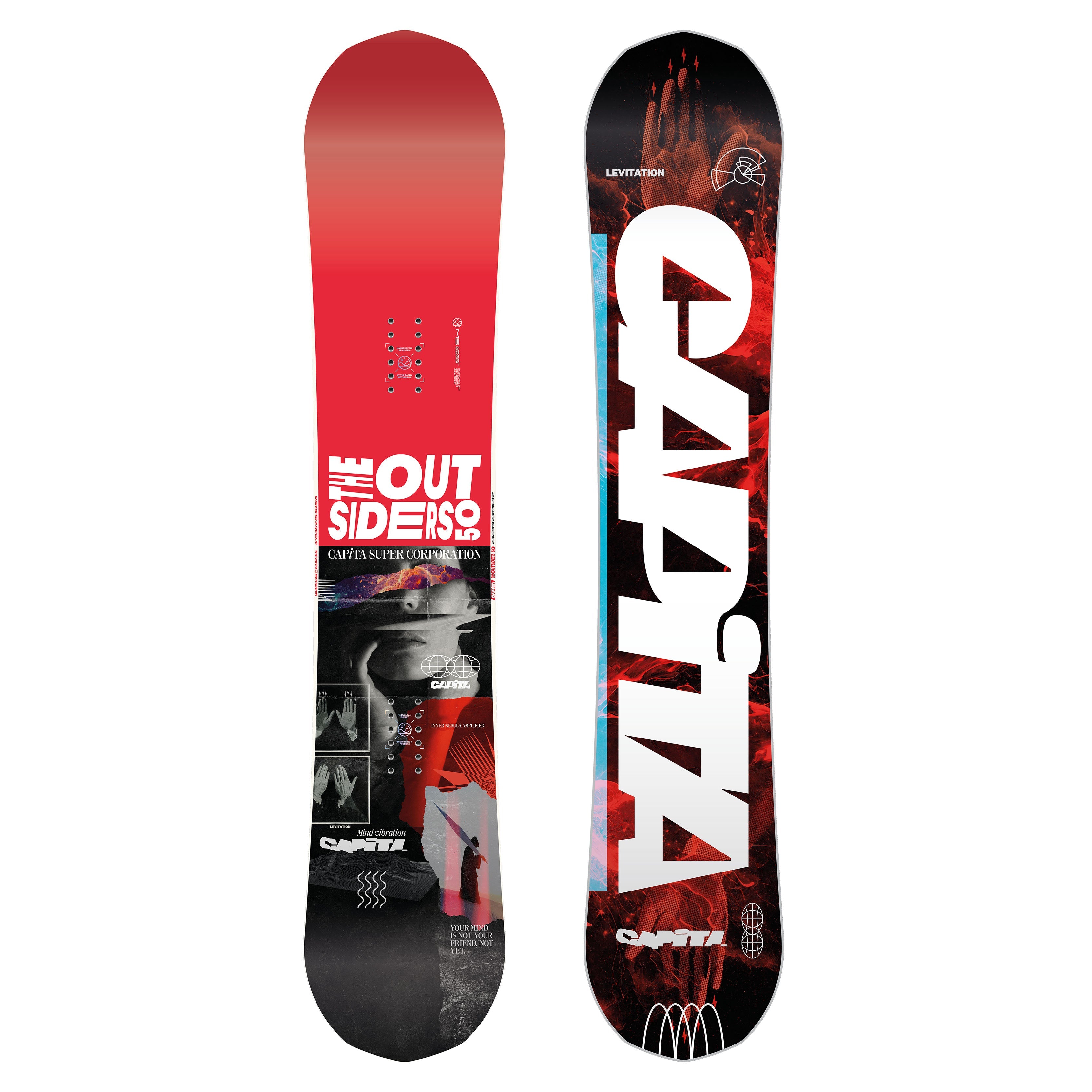 THE OUTSIDERS 24/25 snowboard with red and black design, ideal for park and resort riders.