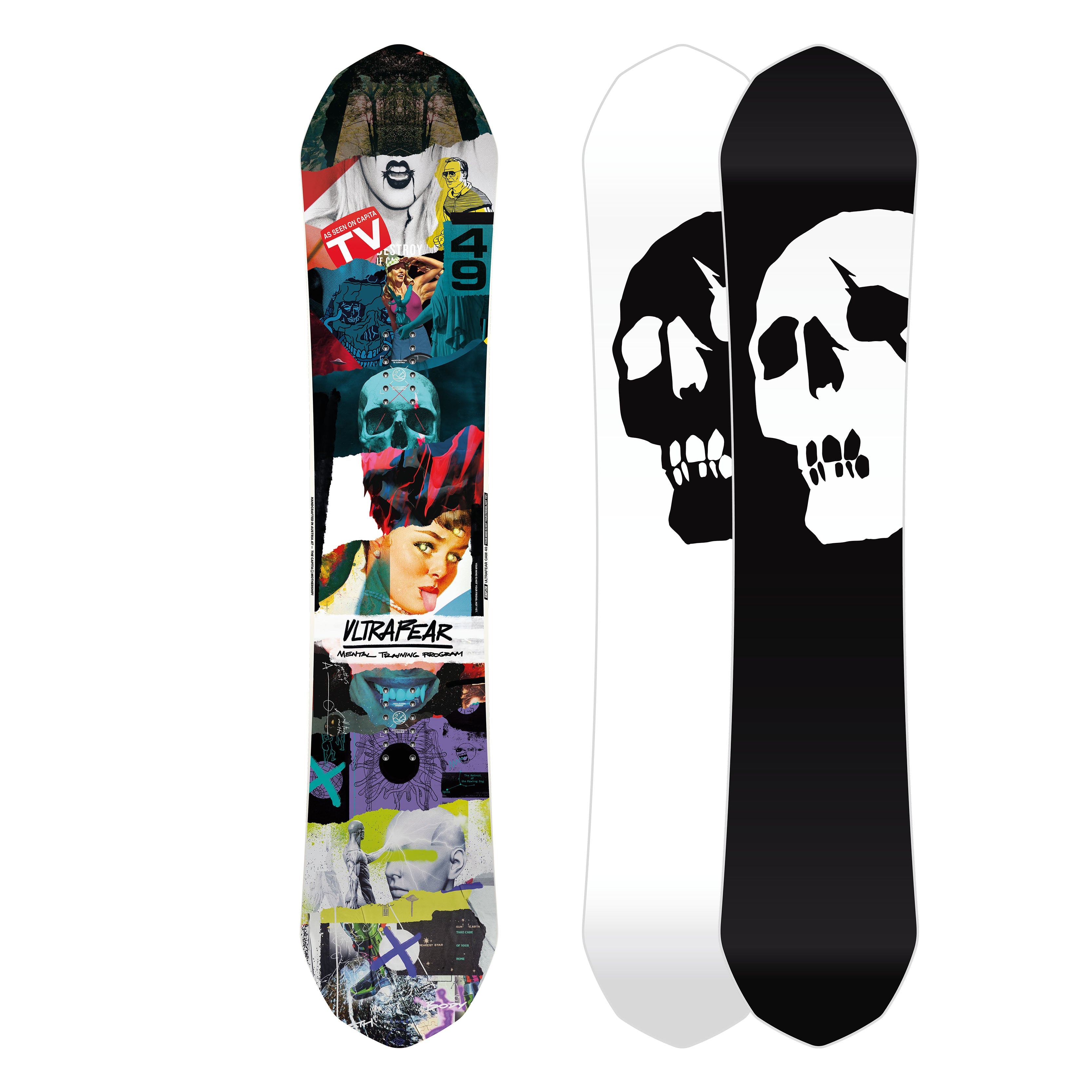 ULTRAFEAR 24/25 snowboard, true twin, traditional camber, colorful design with skull graphics.