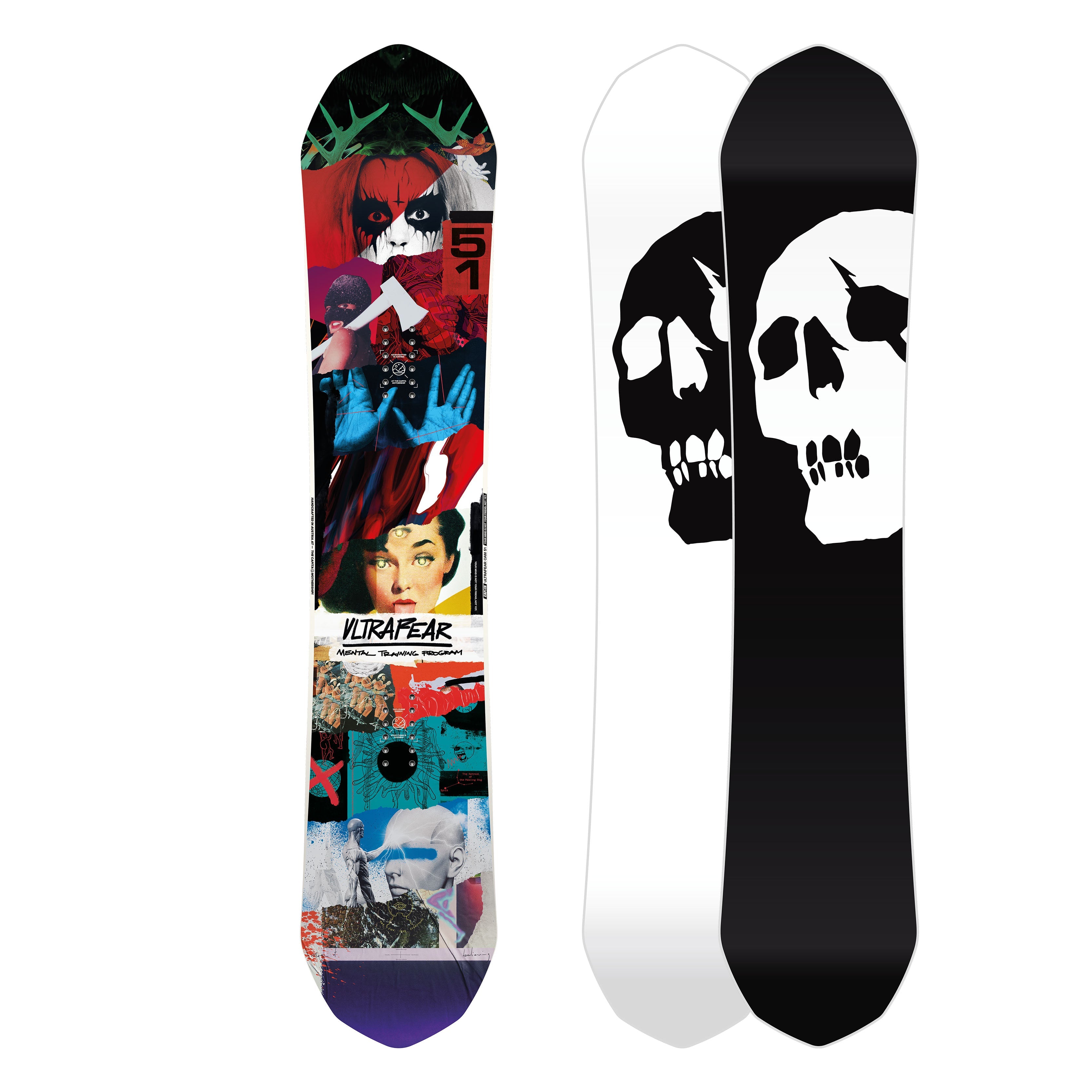 ULTRAFEAR 24/25 snowboard, resort freestyle true twin, traditional camber design, vibrant graphics.