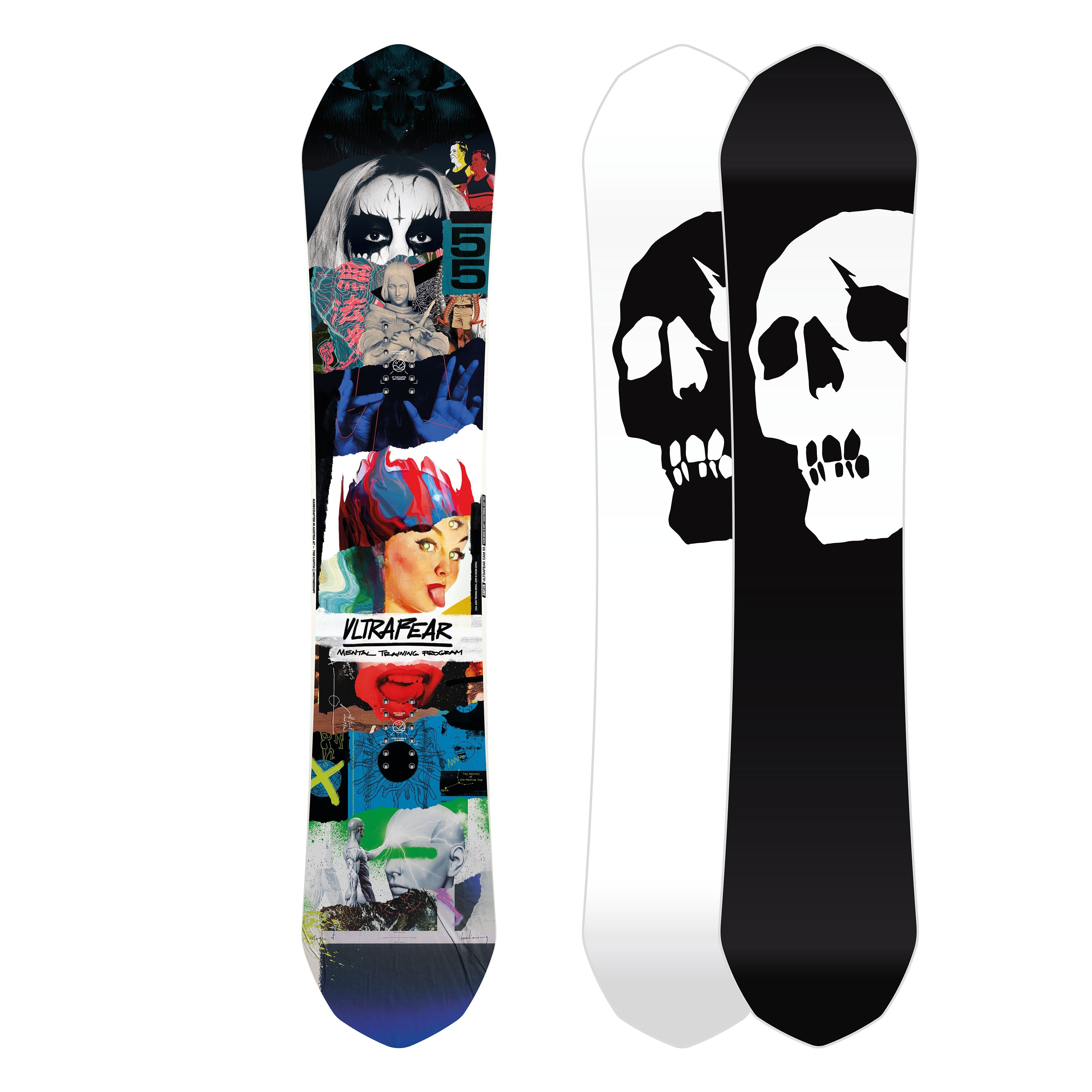 Snowboard design featuring colorful artwork and skull graphics for ULTRAFEAR 24/25.