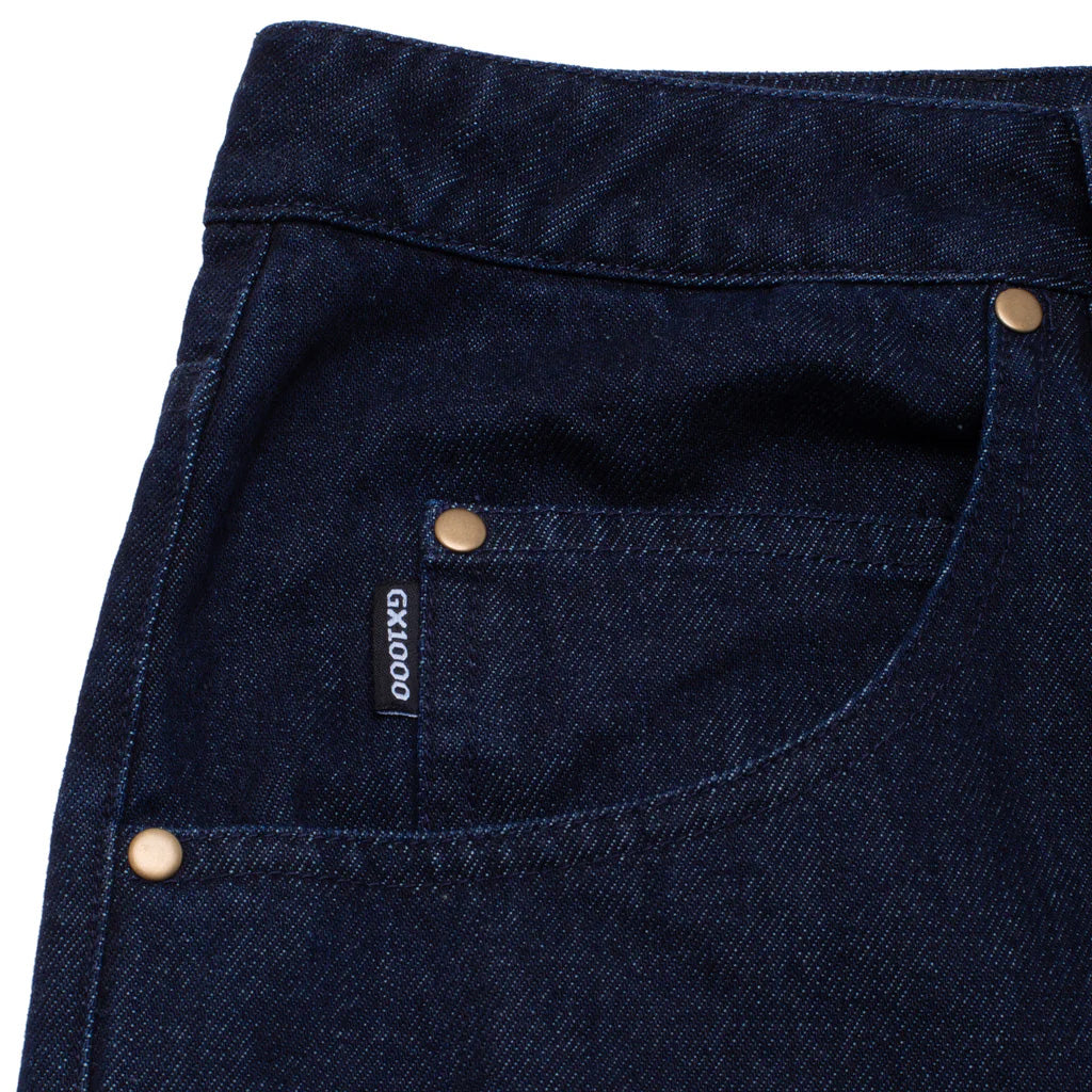 GX1000 baggy pant with embroidery, antique brass button, faux leather label.