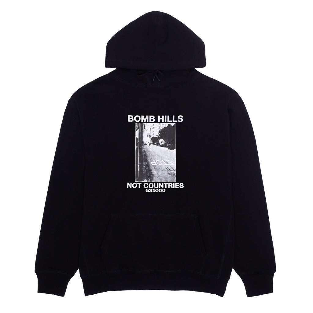 GX1000 bomb hills hoodie with street print, SK8 fit, black, 10oz jersey fleece, 100% cotton.