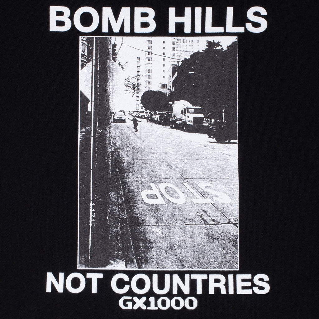 GX1000 Bomb Hills hoodie with screen-printed graphic and "Bomb Hills Not Countries" text.