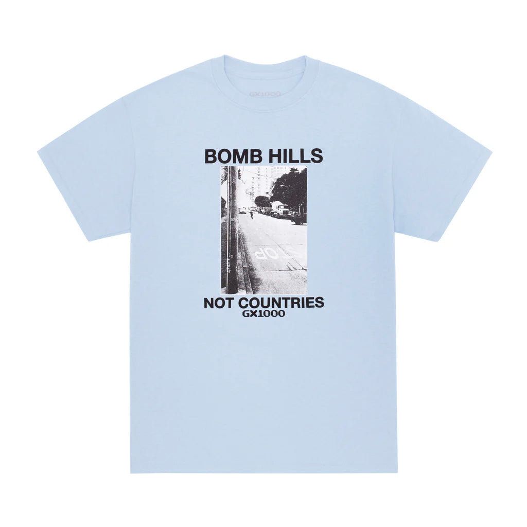 GX1000 Bomb Hills Tee, light blue, midweight cotton T-shirt with graphic.