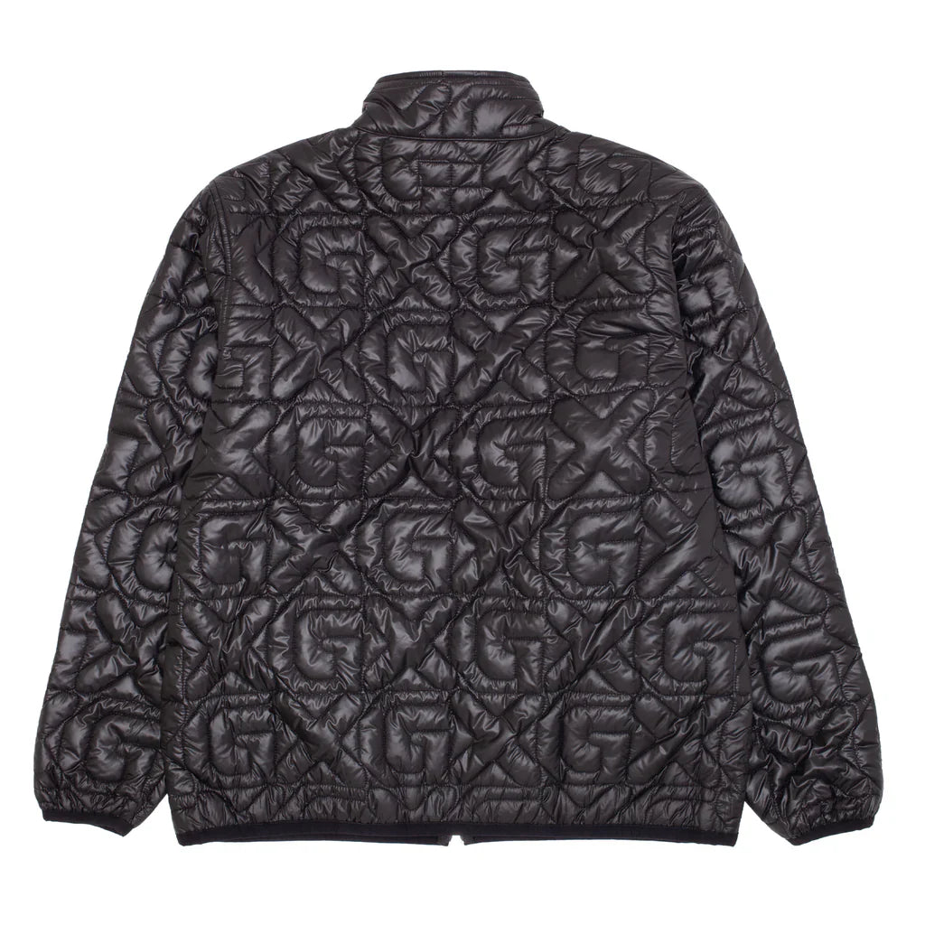 Black GX1000 puffer jacket with custom quilted pattern and YKK metal zip closure.