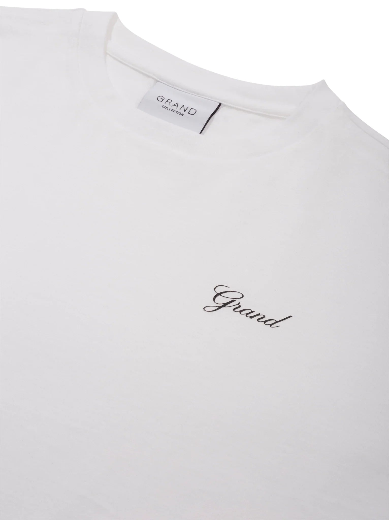 Grand Collection script tee with printed graphic on 100% jersey cotton.