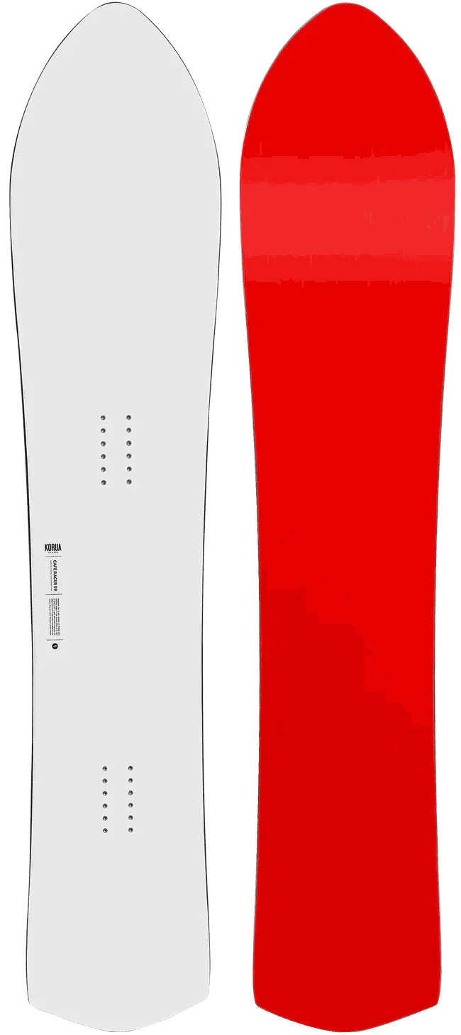 Café Racer snowboard with classic softboot carving shape, ideal for tight turns and off-piste powder riding.