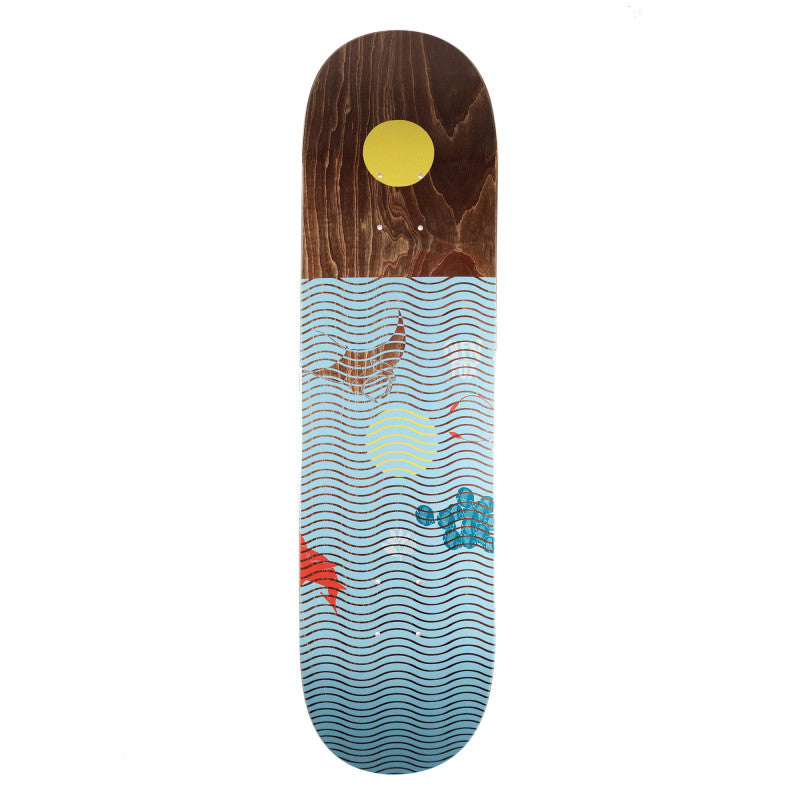 Magenta Glen Fox Deep Series 8.25 skateboard deck with wave pattern design.