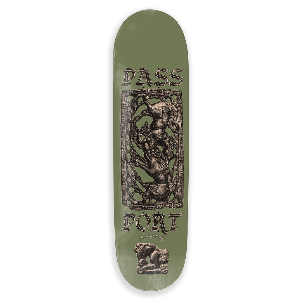 Pass-Port Bronzed Age Series Jack skateboard deck 8.25 inches with artistic design.