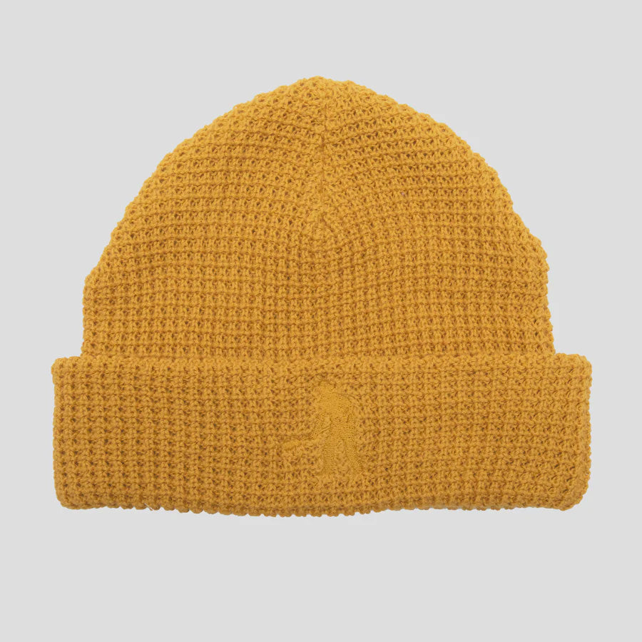 PASS-PORT organic cotton waffle knit beanie in mustard yellow.