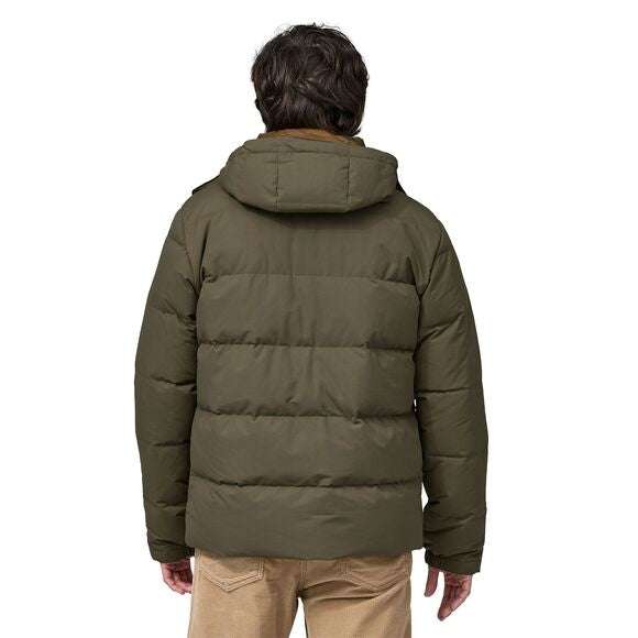Patagonia m's downdrift jkt, recycled fabric, PFC-free DWR, removable hood, rear view.