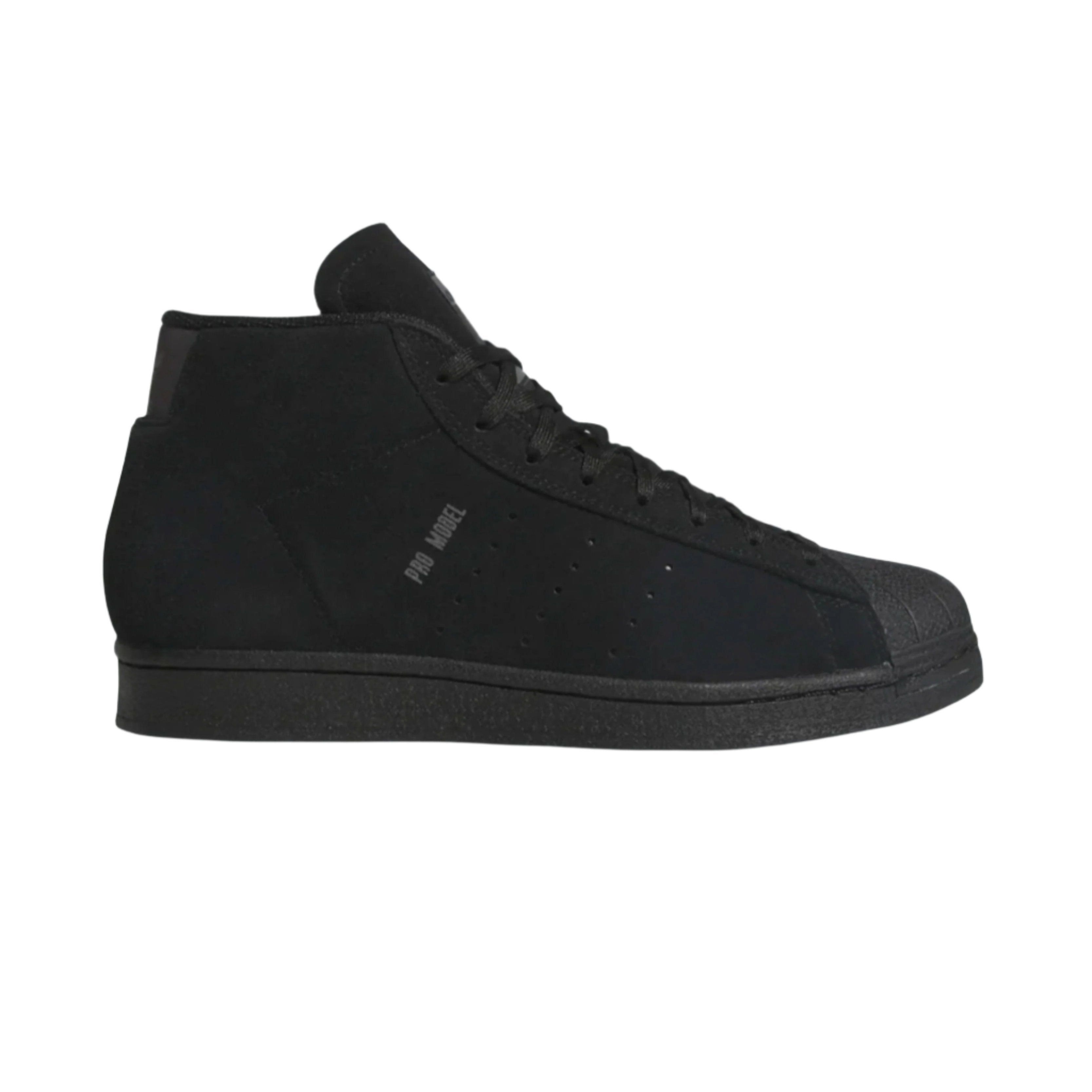 Adidas Pro Model black suede basketball shoes with rubber shell toe and soft outsole.