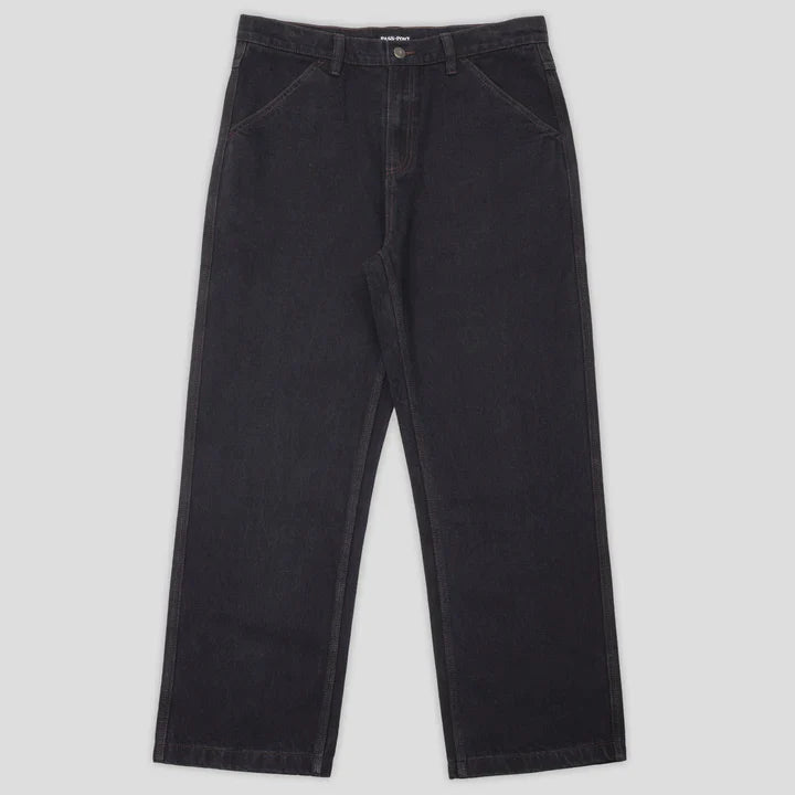 PASS-PORT Workers Club jeans in washed black with brown contrast stitching and digger embroidery