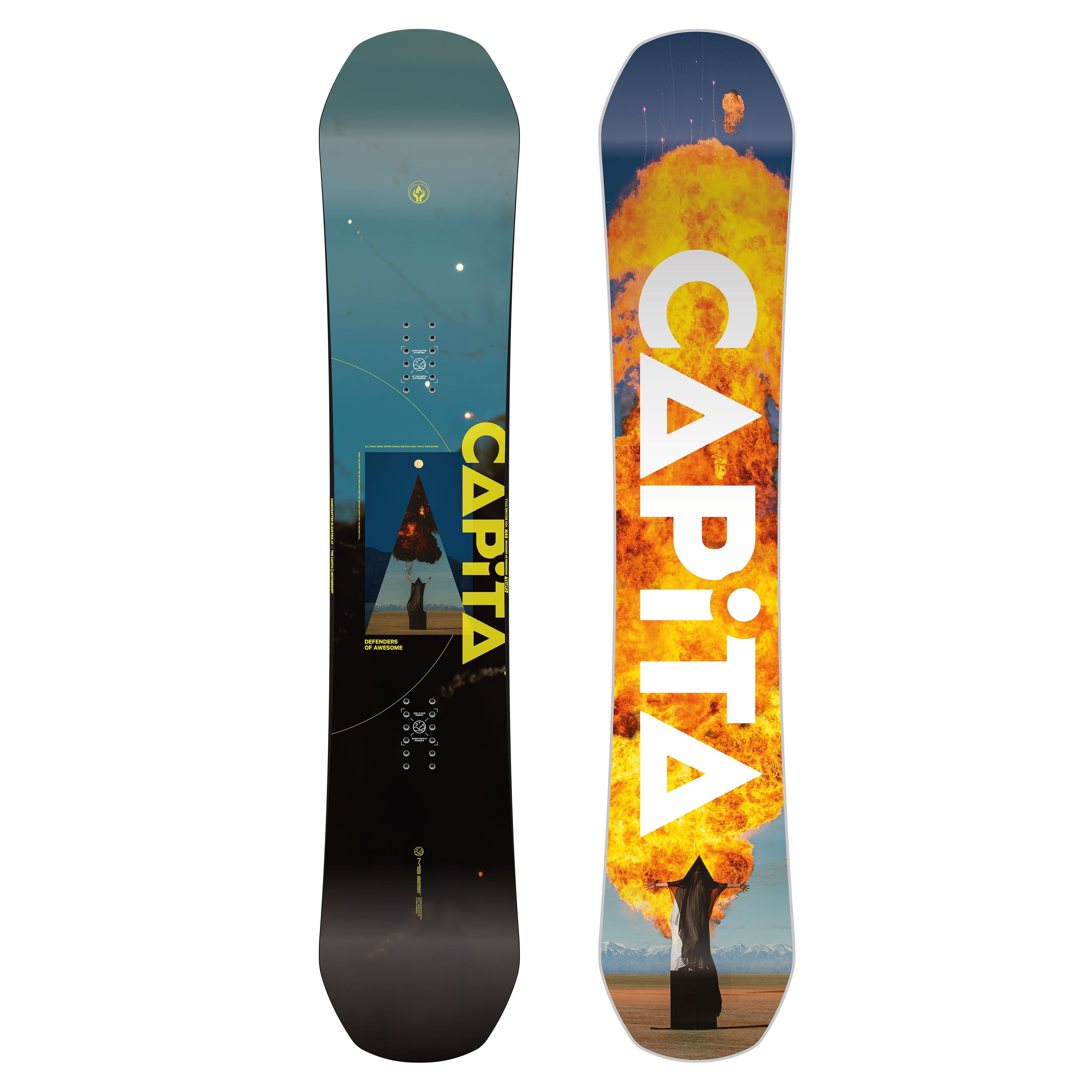 DEFENDERS OF AWESOME snowboard with vibrant design and hybrid camber, ideal for resort snowboarding.