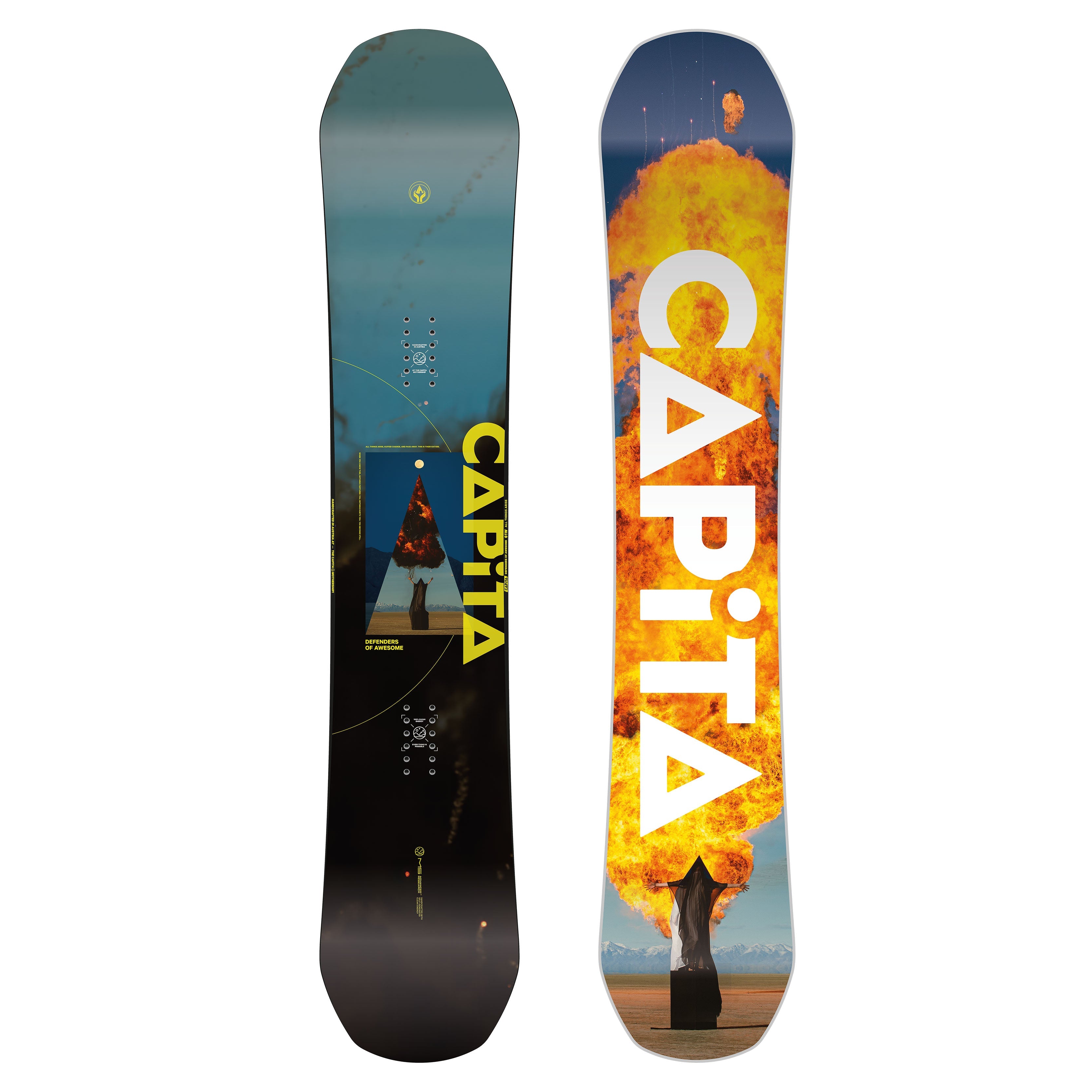 D.O.A. Wide snowboard with vibrant CAPiTA flame design.