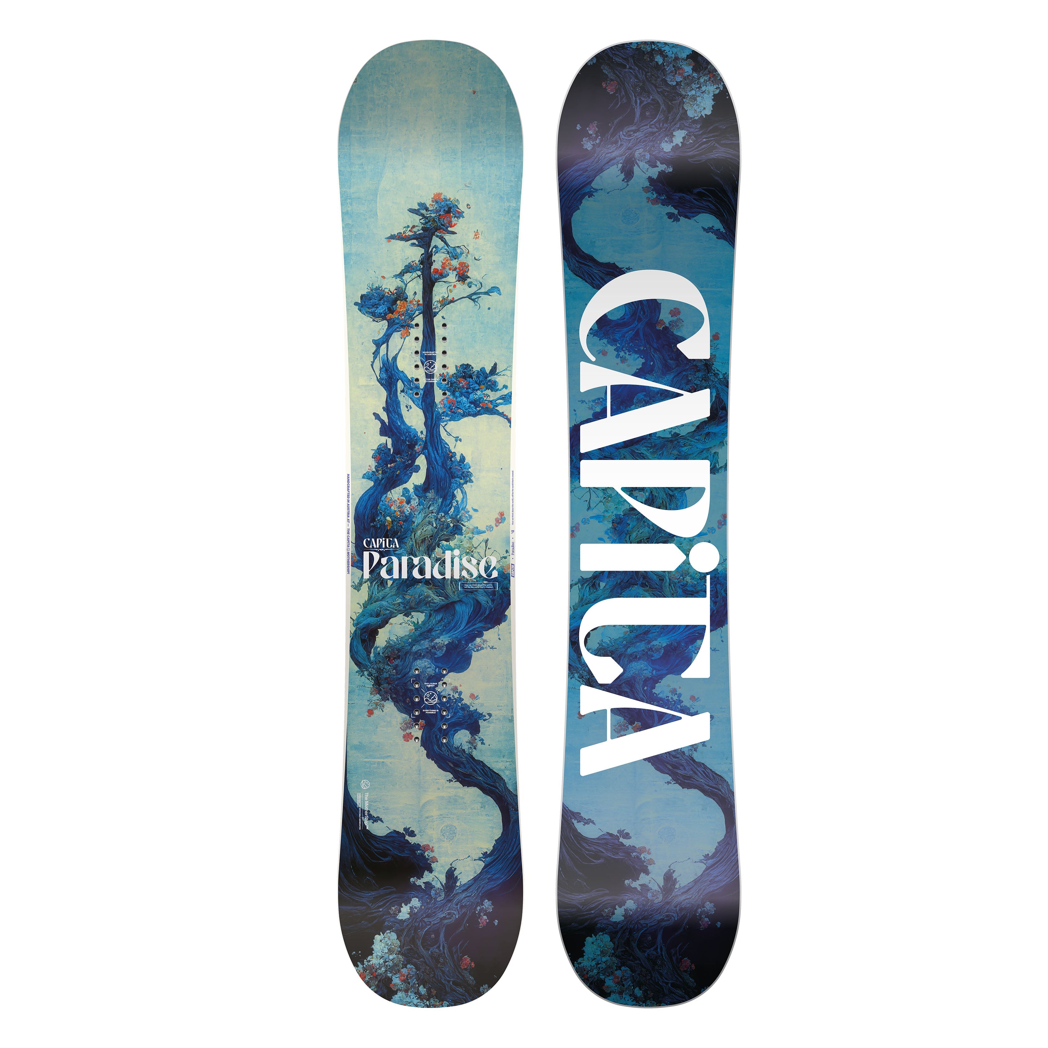 Snowboard design for "PARADISE 24/25", featuring artistic graphics and the brand logo, ideal for intermediate all-terrain freeriders.