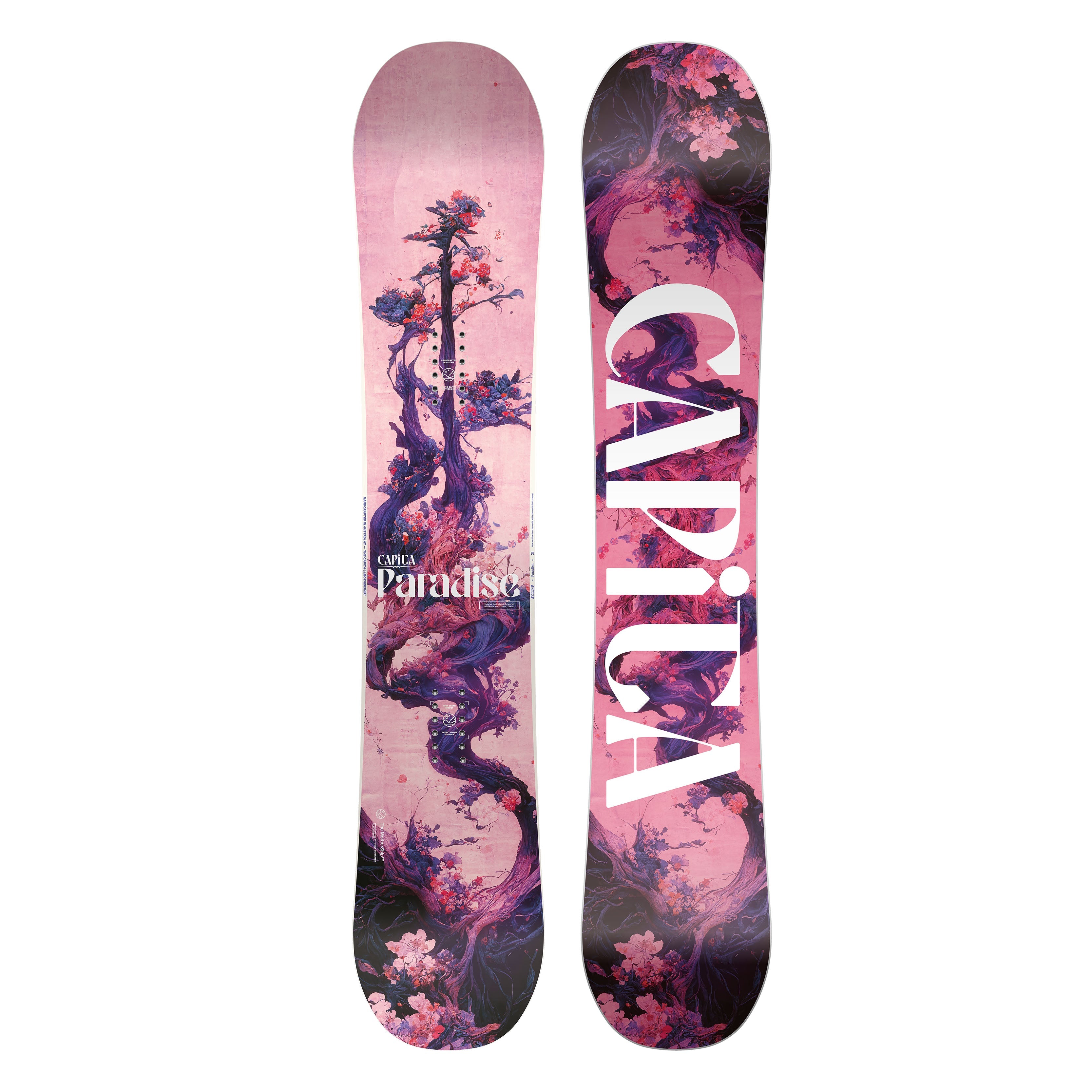 Snowboard with vibrant artwork for intermediate all-terrain freeriding, featuring camber and rocker design.