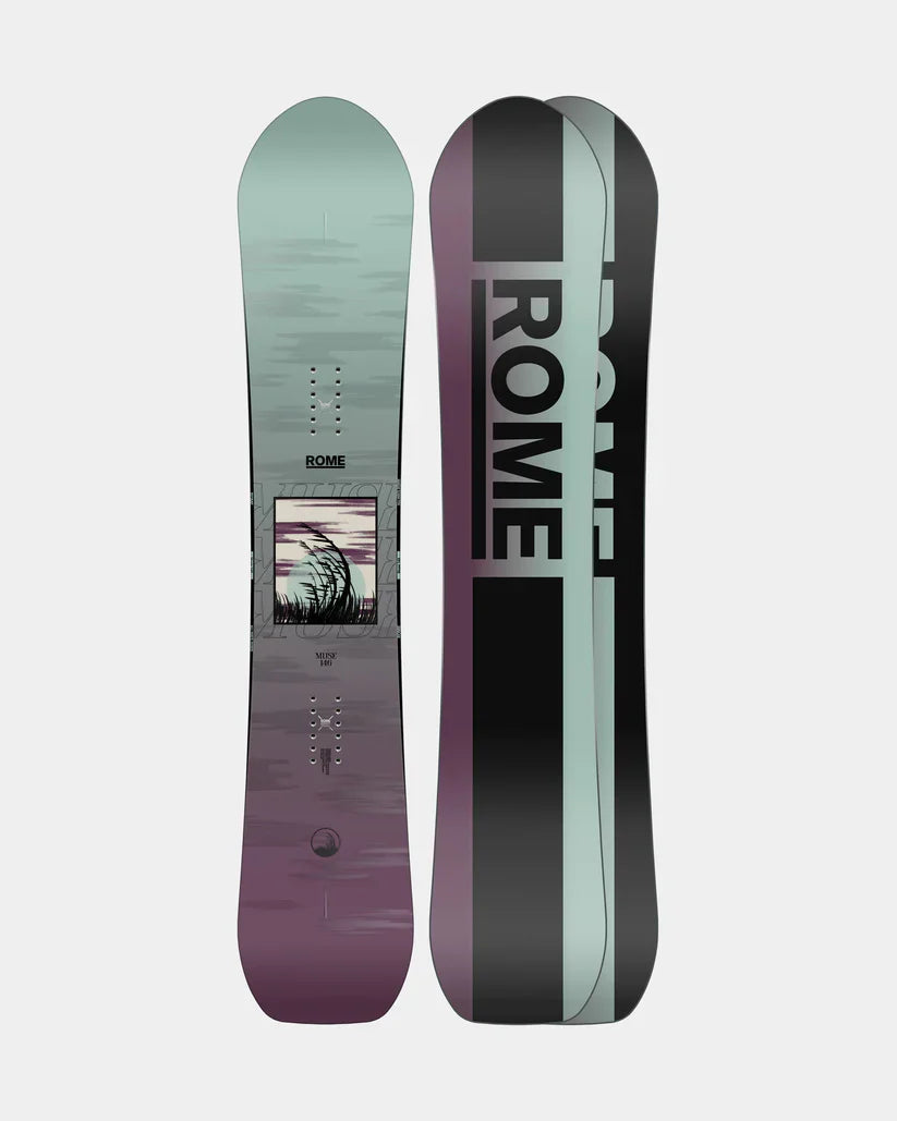 MUSE 24/25 snowboard with Fusion Camber, medium flex, and Directional Twin shape for all-mountain exploration.