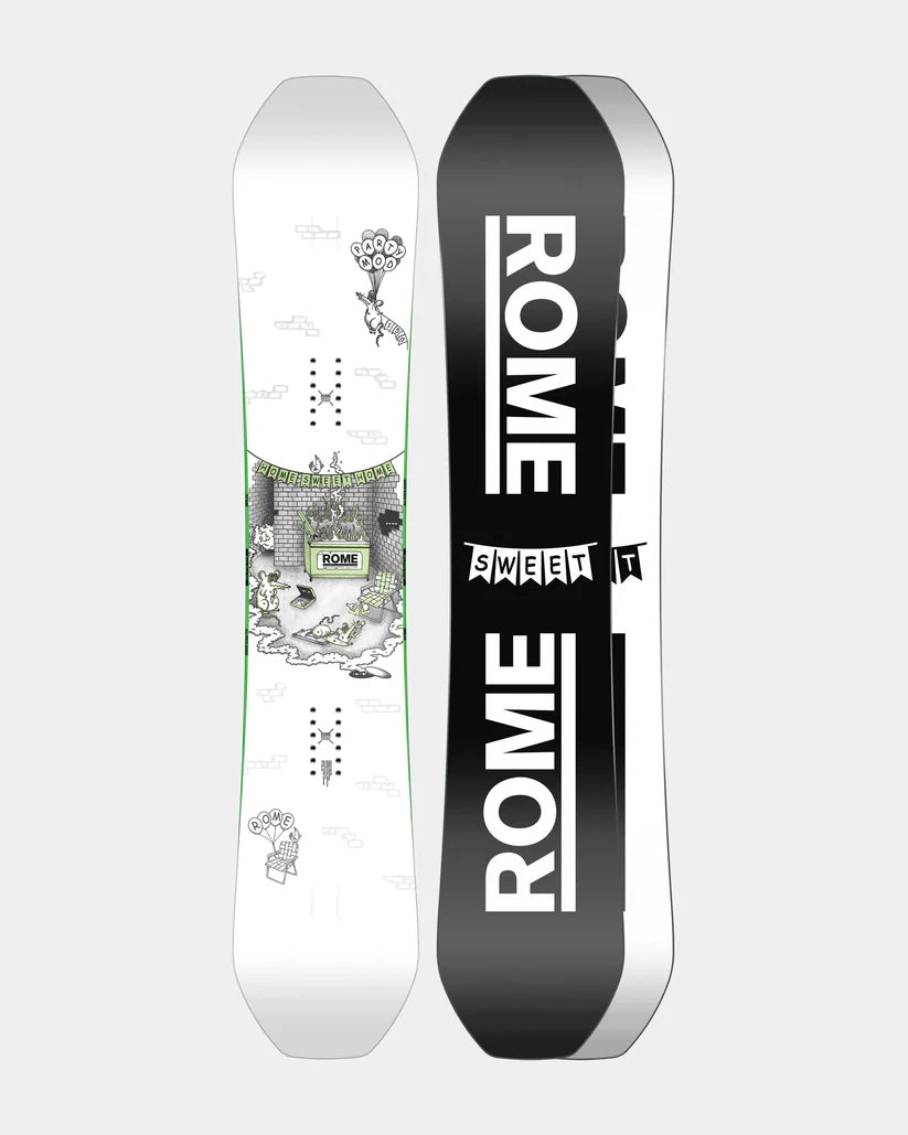 PARTY MOD 24/25 snowboard with graphic, featuring Flax Impact Plates and Carbon HotRods for durability and performance.