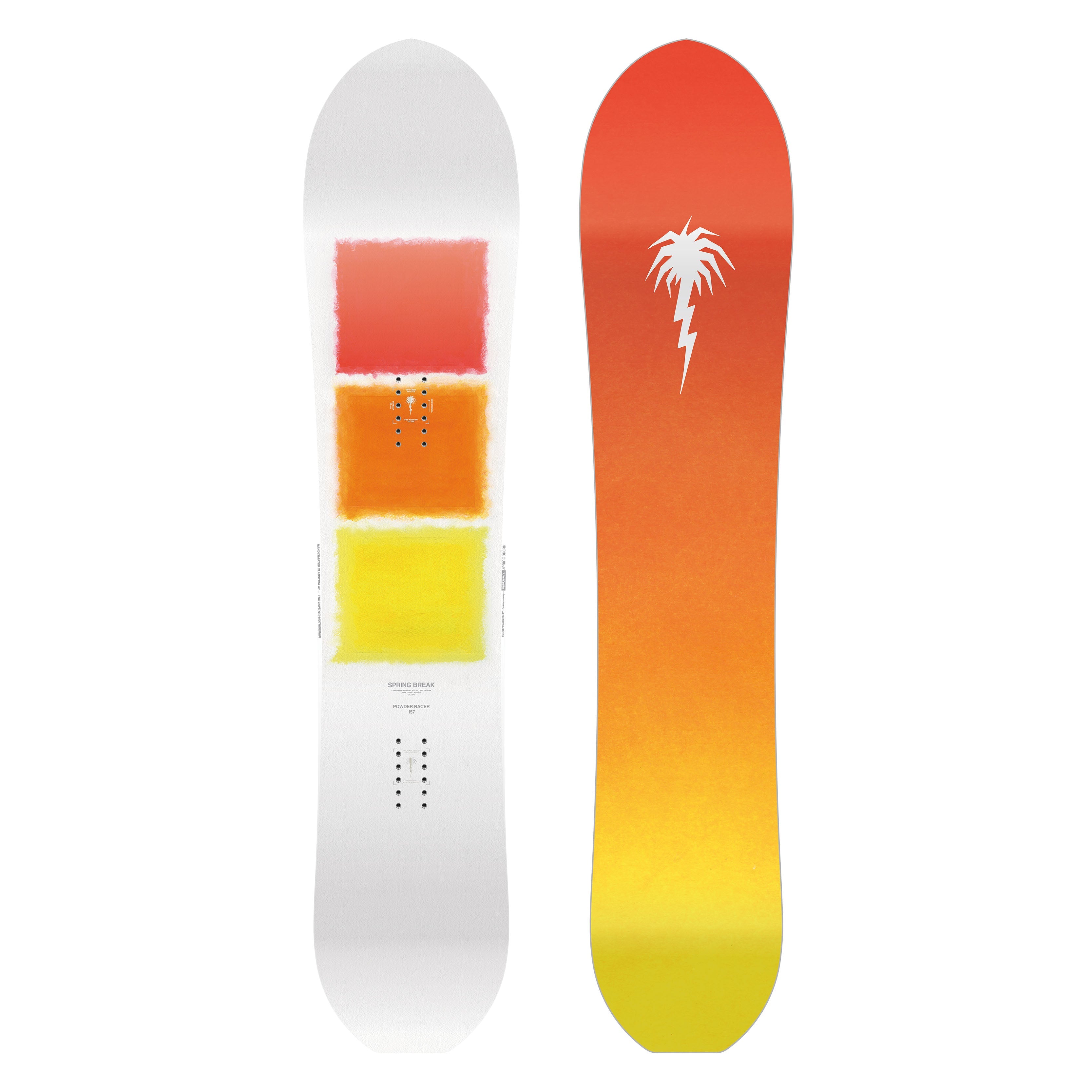 SPRING BREAK – POWDER RACERS 24/25 snowboard with vibrant design and palm tree graphic.